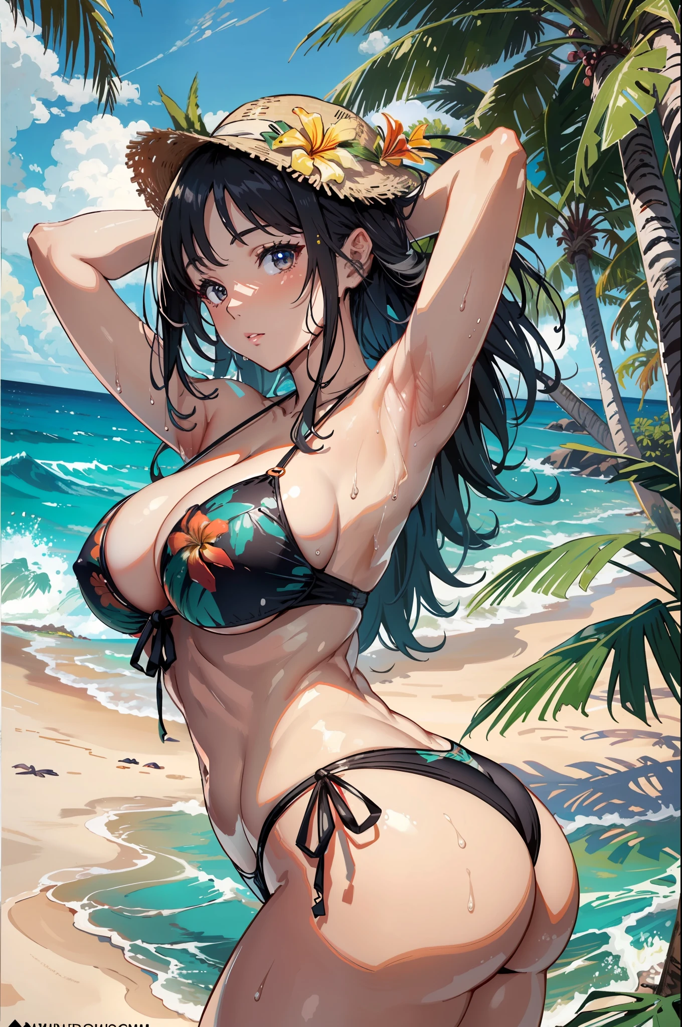 master piece, hyper quality, Hyper Detailed, Perfect drawing,Hi-Res、girl with,独奏,(Big ass:1.4),ample breasts、(Rom-Behind:1.4)、Open your armpits wide、Raking up your hair with your right hand、Show armpits,Looks Back,Luxury swimwear、side-tie bikini(((Tropical Colors、Tropical pattern))),Tecateca skin,Wet skin,glowy skin,(Colossal tits:1.4)、Accurate drawing、Detailed drawing、beatiful backgrounds、Resort、the beach、high-class sense、