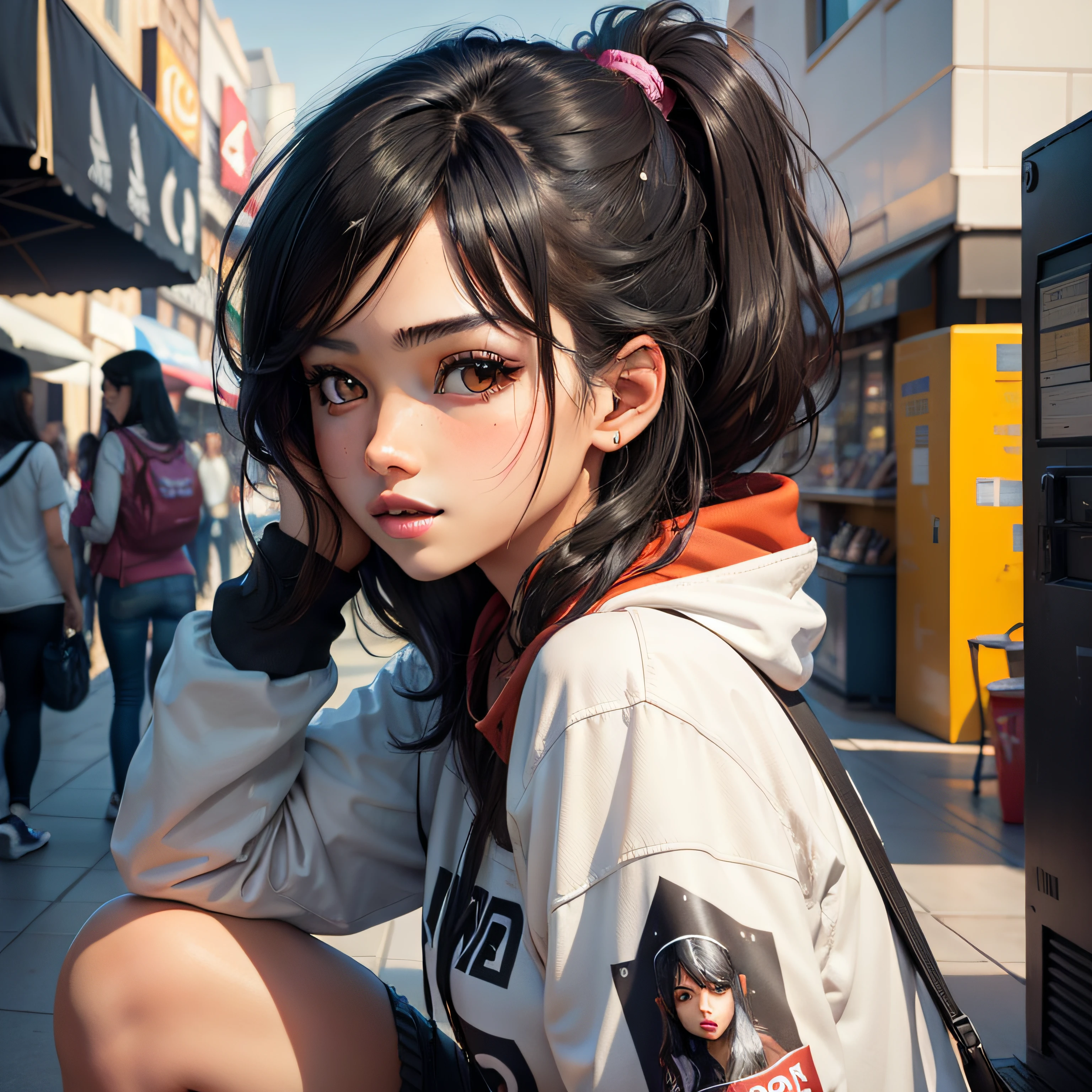 Black hair, brown eyes, girl, Gamer, outside