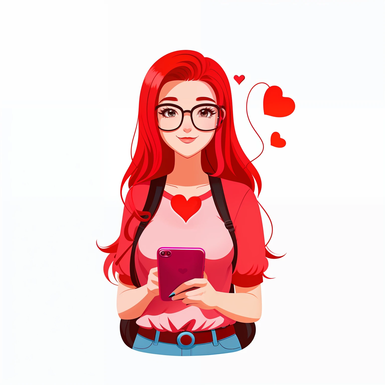 Cartoon girl with red hair texting on her phone with a heart balloon, Cartoon style illustration, she is holding a smartphone, verificando seu telefone, in illustration style digital, menina apaixonada, 2d illustration, 2d illustration, mulher bonito, verificando o celular dela, digital illustration -, menina fazendo um telefonema, estilo de arte dos desenhos animados, menina bonito, matte digital illustration