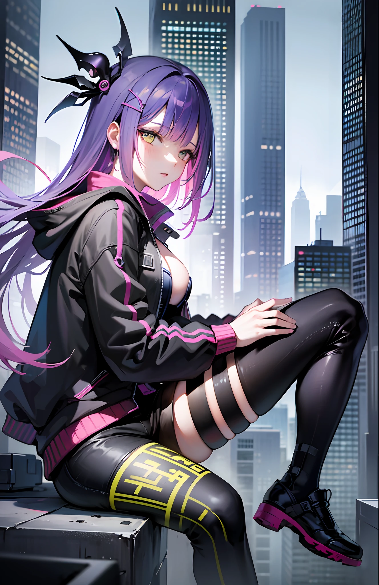 illustration of Tokoyami Towa in the cyberpunk environment of the futuristic city. The image will show Tokoyami Towa in her Japanese outfit with a futuristic mask, sitting on the roof of a building with a panoramic view of the city. Her purple eyes will stand out against the dark and futuristic environment around her. In addition, Tokoyami Towa's Japanese cap and jacket will have futuristic details that give it a touch of advanced technology. The illustration will be highly detailed and realistic, with impressive lighting effects that will make her feel like you are right there.