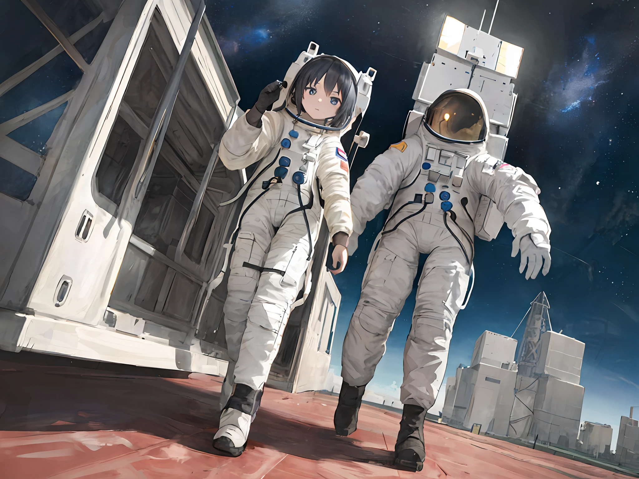 （best qualtiy，tmasterpiece，hyper-detailing，illustratio，8K UHD，A high resolution：1.2），（1girll，full body shot shot：1.1），（Long-sightedness，wide wide shot，dream magical：1.2），from below，Wear an astronaut suit，on moon，afloat，walk，space craft ，A boy