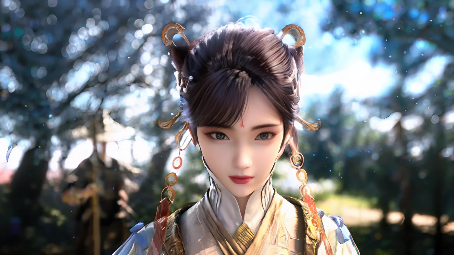 A woman with a ponytail, wearing a video game character costume with ponytails and ponytails, (1girl: 0.997), (blurry: 1.000), (blurry background: 1.000), (blurry foreground: 0.999), (bokeh: 0.831), (brown hair: 0.880), (Hanfu: 0.894), (depth of field: 1.000), (earrings: 0.984), (hair accessories: 0.984), (hair accessories: 0.947) ), (hair stick: 0.888), (accessories: 0.968), (lips: 0.863), (lipstick: 0.688), (makeup: 0.635), (motion blur: 0.936), (nose: 0.769), (outdoor: 0.571), (solo: 0.940)
