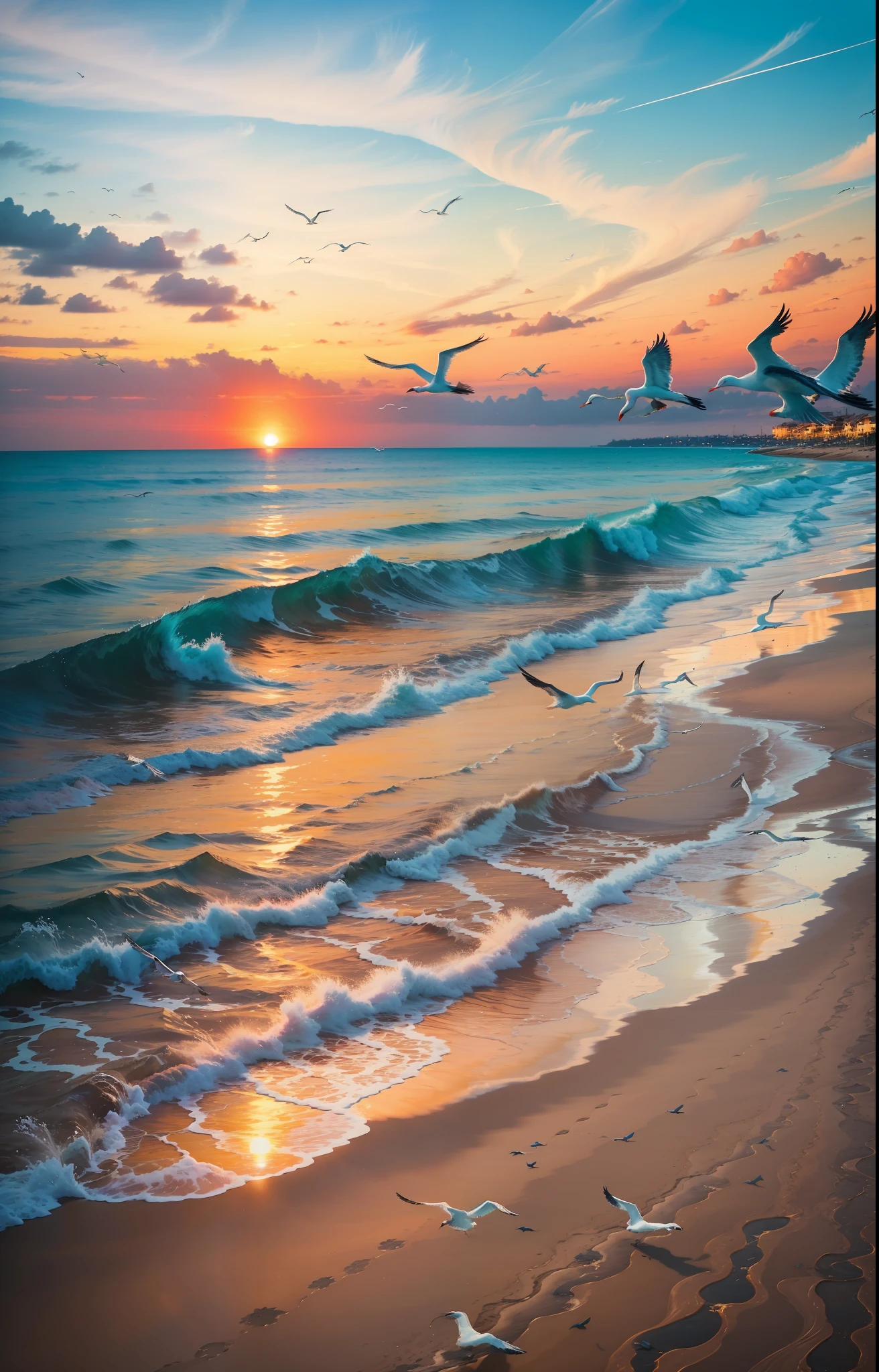 An absolutely mesmerizing sunset over the beach, with a blend of oranges, pinks, and yellows filling the sky. Crystal-clear waters of the sea gently kissing the shore, with sandy white beach stretching far and wide. The scene is dynamic and breathtaking, with seagulls soaring high in the sky and gently swaying palm trees. Take in the calming atmosphere and let the peacefulness wash over you.