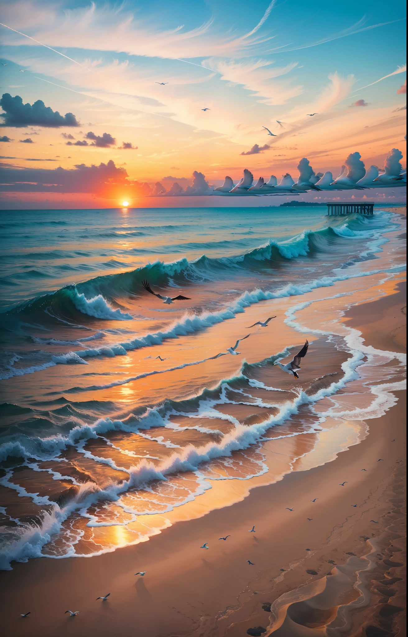 An absolutely mesmerizing sunset over the beach, with a blend of oranges, pinks, and yellows filling the sky. Crystal-clear waters of the sea gently kissing the shore, with sandy white beach stretching far and wide. The scene is dynamic and breathtaking, with seagulls soaring high in the sky and gently swaying palm trees. Take in the calming atmosphere and let the peacefulness wash over you.