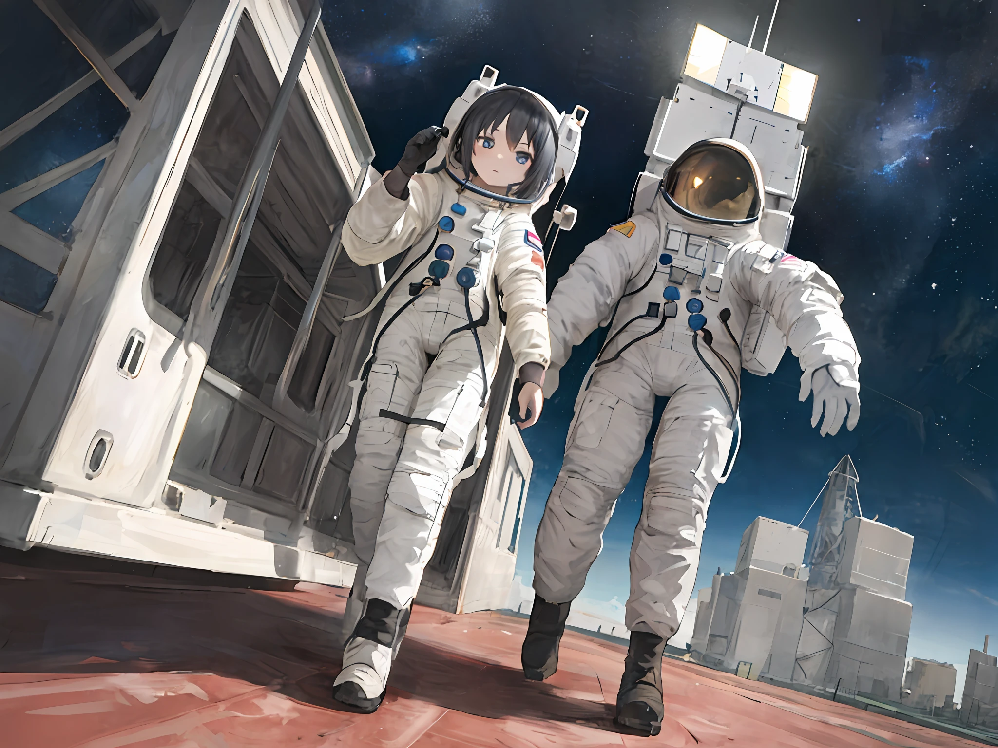 (best qualtiy,tmasterpiece,hyper-detailing,illustratio,8K UHD,A high resolution:1.2),(1girll,full body shot shot:1.1),(Long-sightedness,wide wide shot,dream magical:1.2),from below,Wear an astronaut suit,on moon,afloat,walk,space craft ,A boy