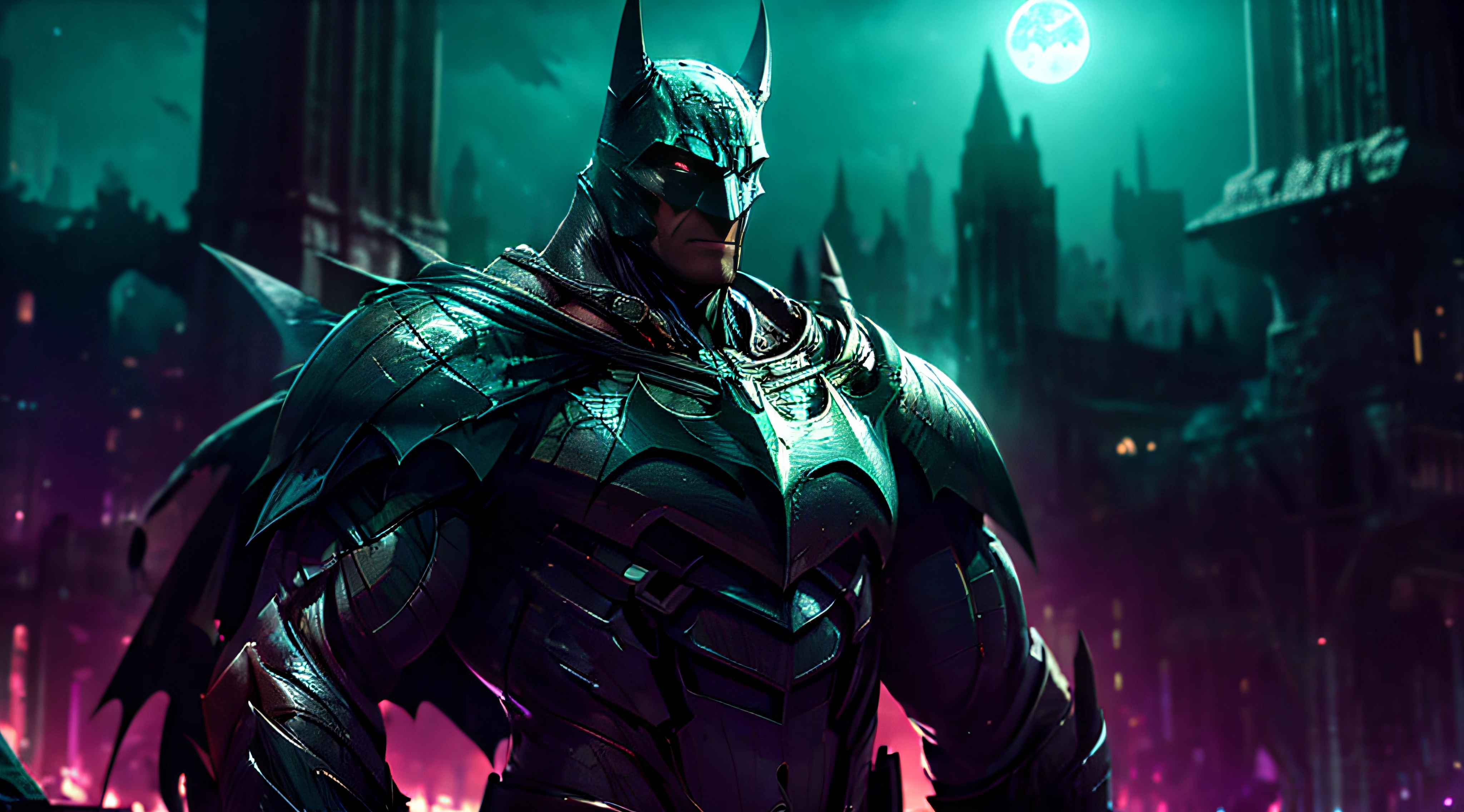 Batman from the dark knight stands imposing in a gothic lost city. Moonlight highlights your muscles and scars. The scenery is lush and mysterious, with futuristic tech and surroundings. The camera details everything, a warrior woman, in front of him.