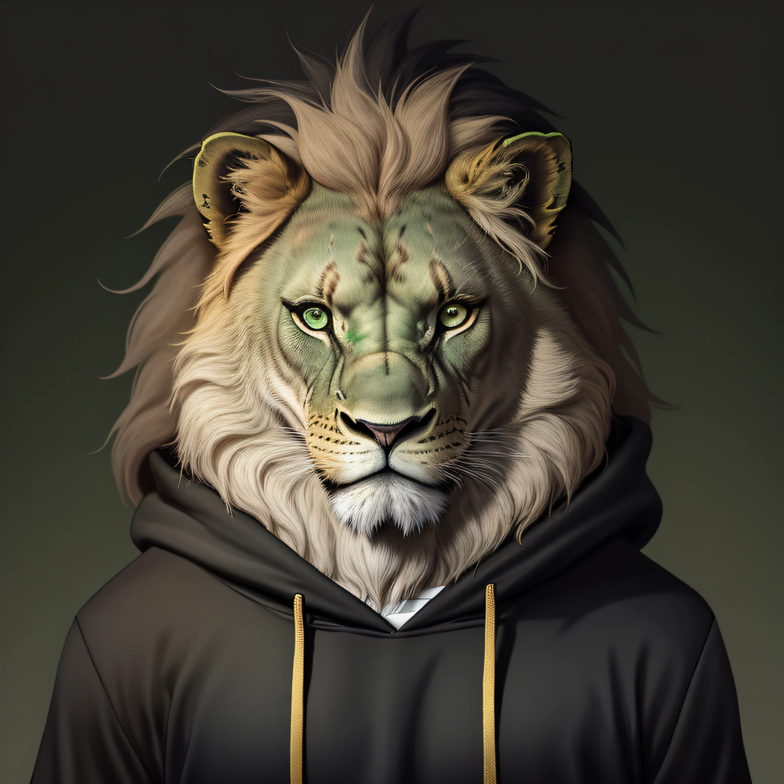 Close-up of an athletic green lion wearing a plain black hoodie, against a solid black background. Long black/gold mane. (School picture)