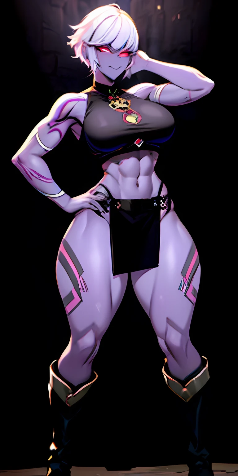 (masterpiece, best quality),1girl,medium hair,shaved hair,grey skin,tribal body tattoos,dark mage,fantasy,muscular, vermilion eyes,sliver hair,crop top,pantyhose,high top boots outdoors,tall medium breast starting at viewer smirking,towering over viewer,thick thighs,curvy,dominant pose,hand on hip,town square,blacklight