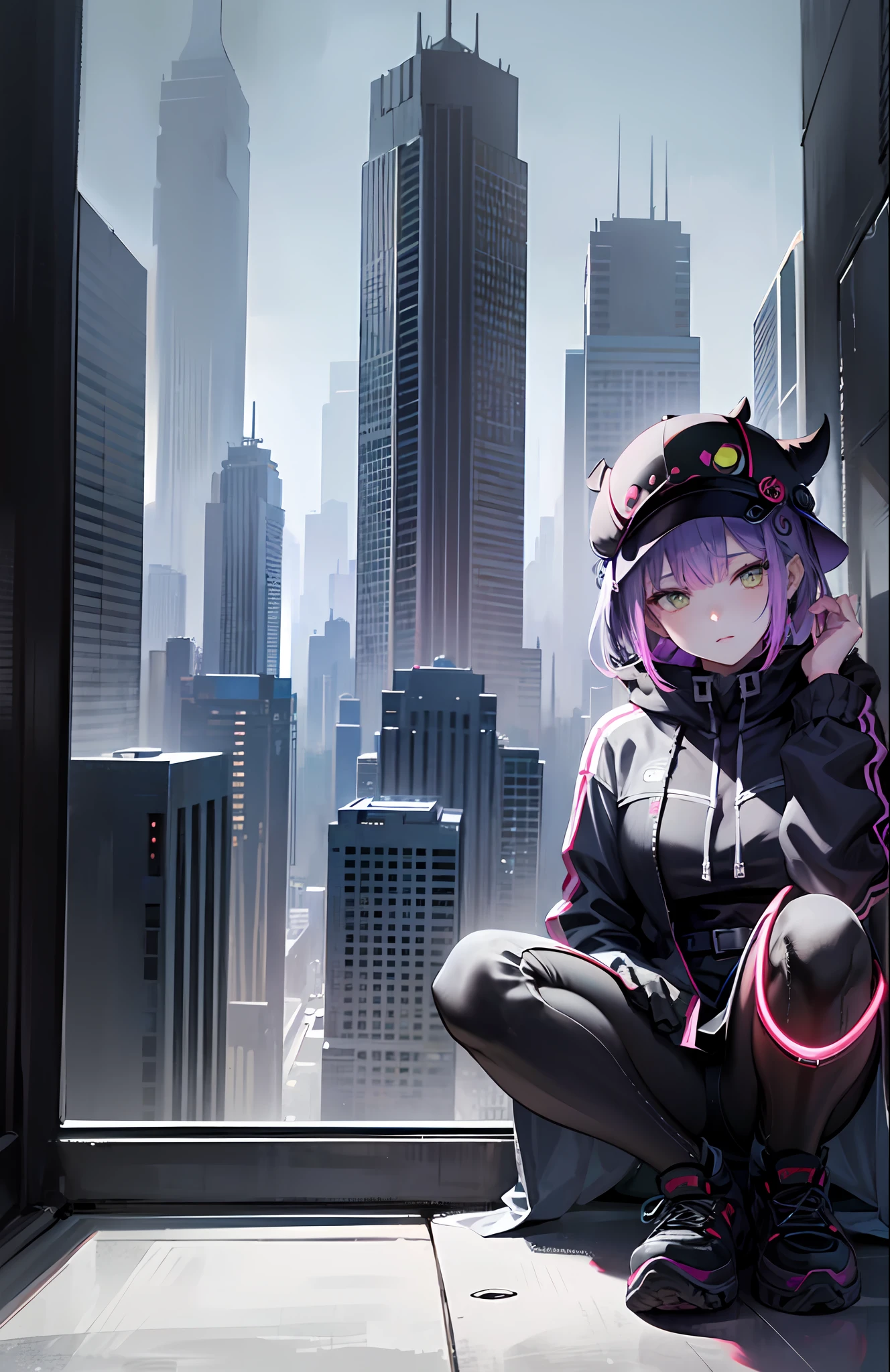 illustration of Tokoyami Towa in the cyberpunk environment of the futuristic city. The image will show Tokoyami Towa in his Japanese dress with a futuristic mask, sitting on the roof of a building with a panoramic view of the city. Her purple eyes will stand out in contrast to the dark and futuristic atmosphere that surrounds her..

Furthermore, Tokoyami Towa's Japanese cap and jacket will have futuristic details that will give it a touch of advanced technology. The illustration will be highly detailed and realistic, with stunning lighting effects that will make you feel like you're right there