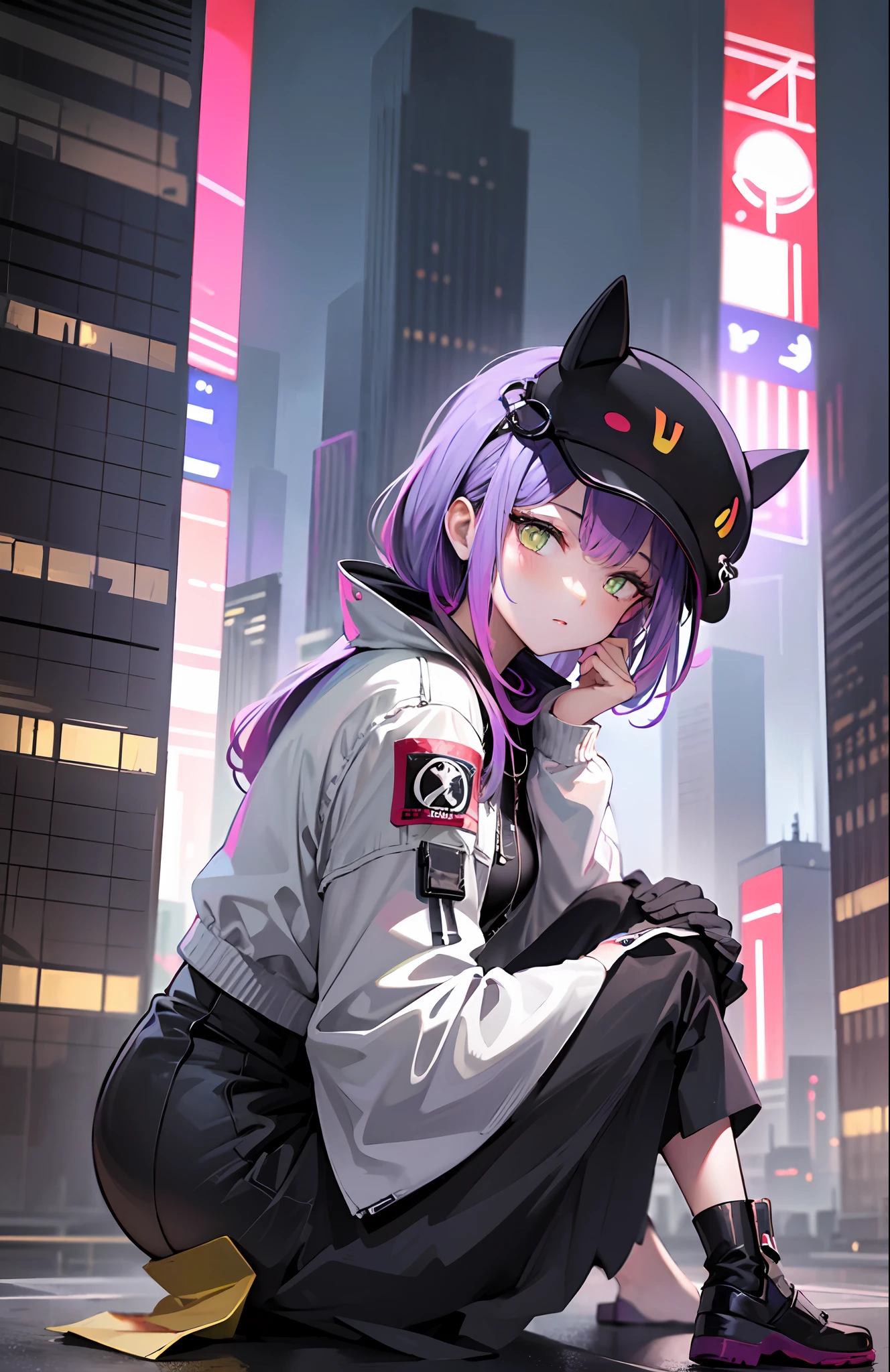 illustration of Tokoyami Towa in the cyberpunk environment of the futuristic city. The image will show Tokoyami Towa in his Japanese dress with a futuristic mask, sitting on the roof of a building with a panoramic view of the city. Her purple eyes will stand out in contrast to the dark and futuristic atmosphere that surrounds her..
Furthermore, Tokoyami Towa's Japanese cap and jacket will have futuristic details that will give it a touch of advanced technology. The illustration will be highly detailed and realistic, with stunning lighting effects that will make you feel like you're right there