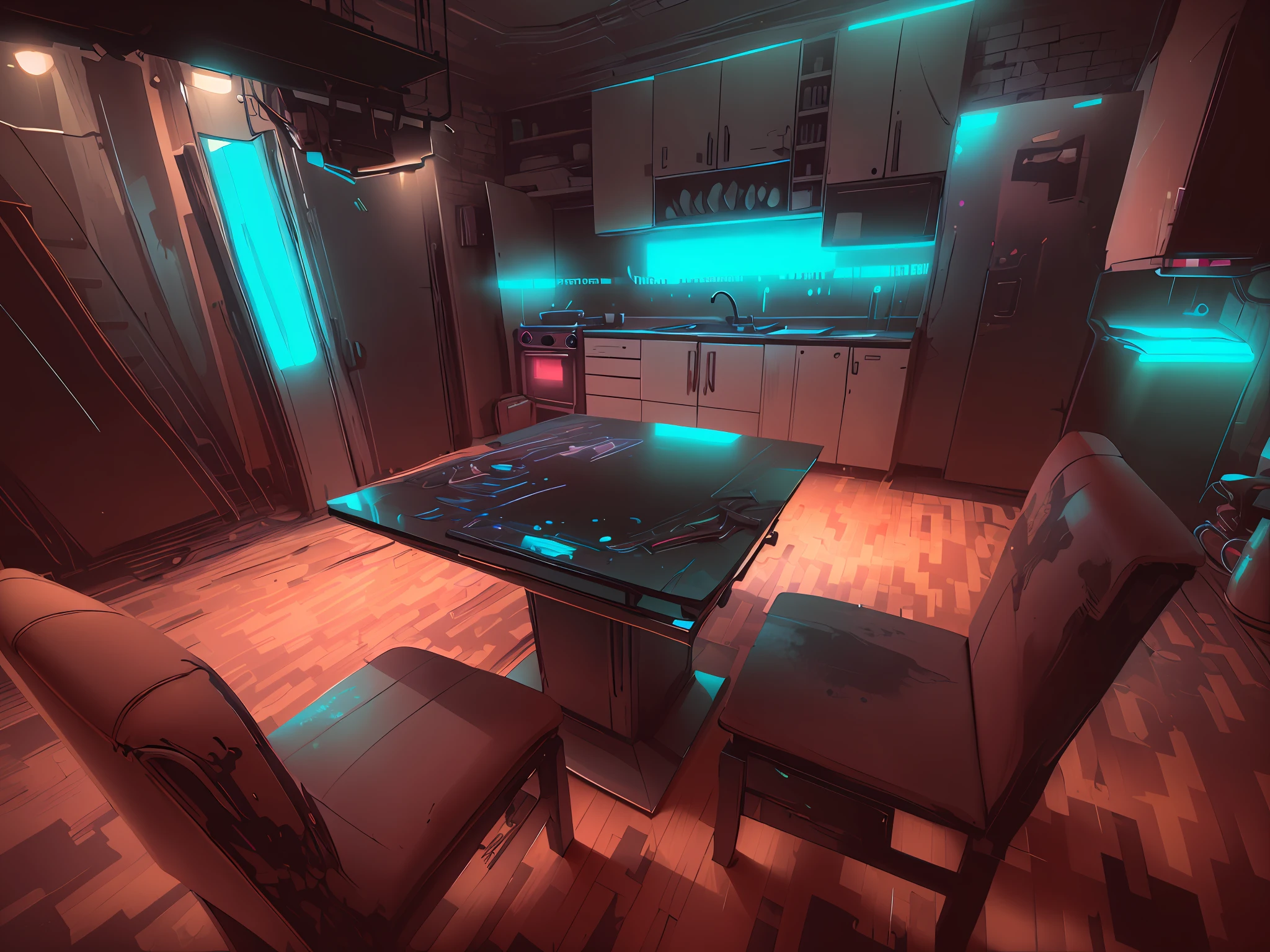 CyberPunkAI kitchen and neon furniture in the CyberPunkAI kitchen