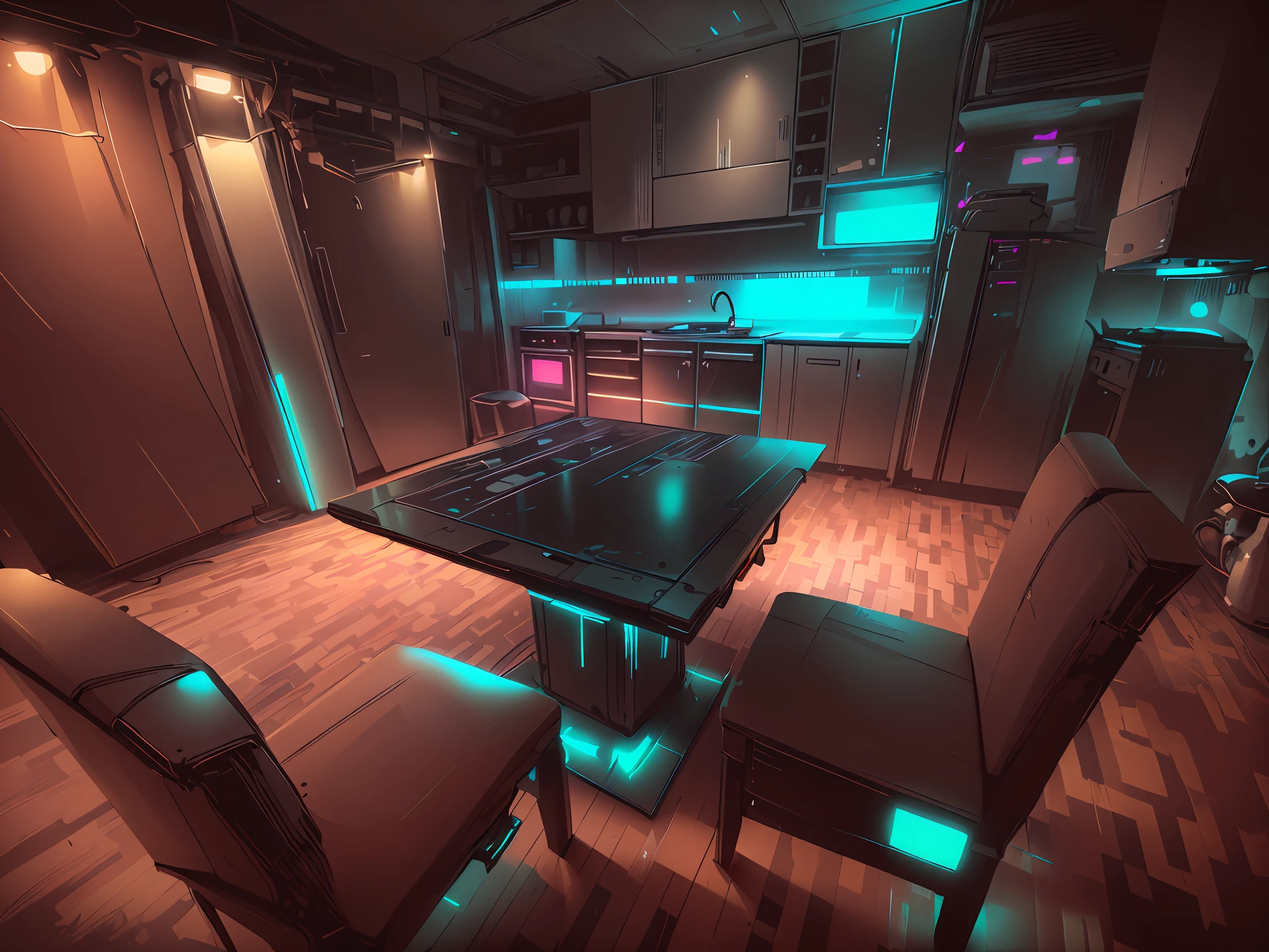 CyberPunkAI kitchen and neon furniture in the CyberPunkAI kitchen