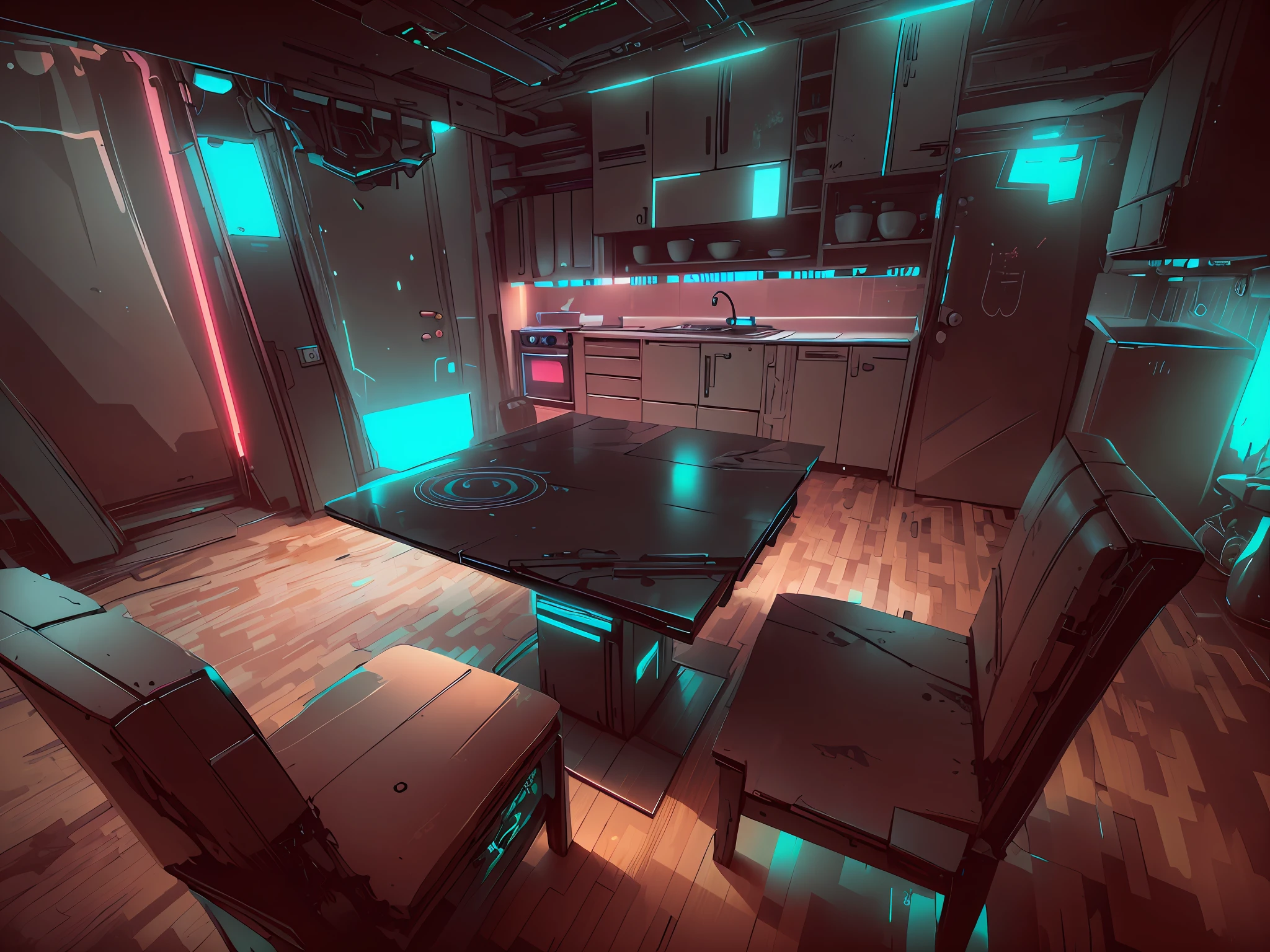 CyberPunkAI kitchen and neon furniture in the CyberPunkAI kitchen
