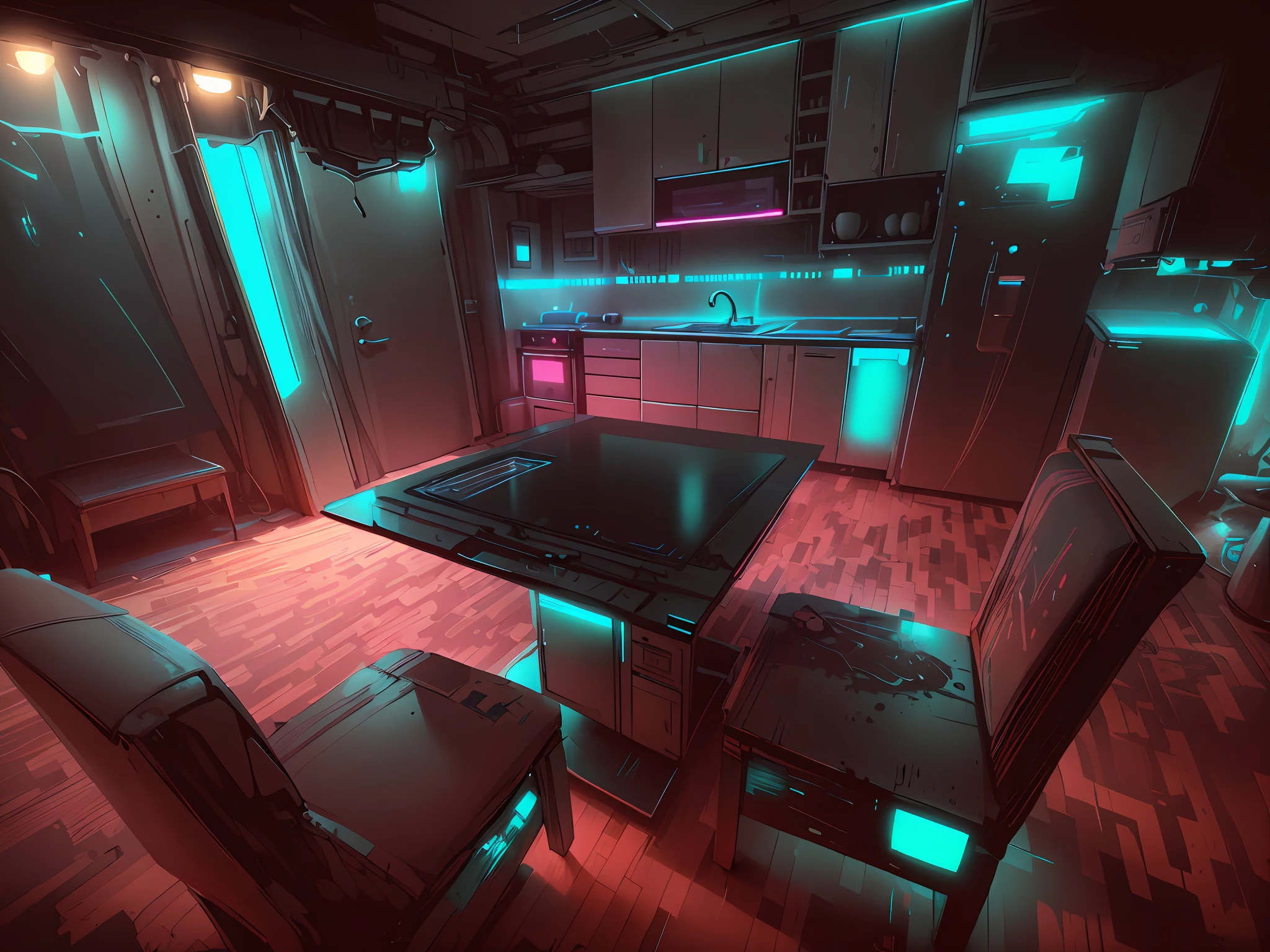 CyberPunkAI kitchen and neon furniture in the CyberPunkAI kitchen