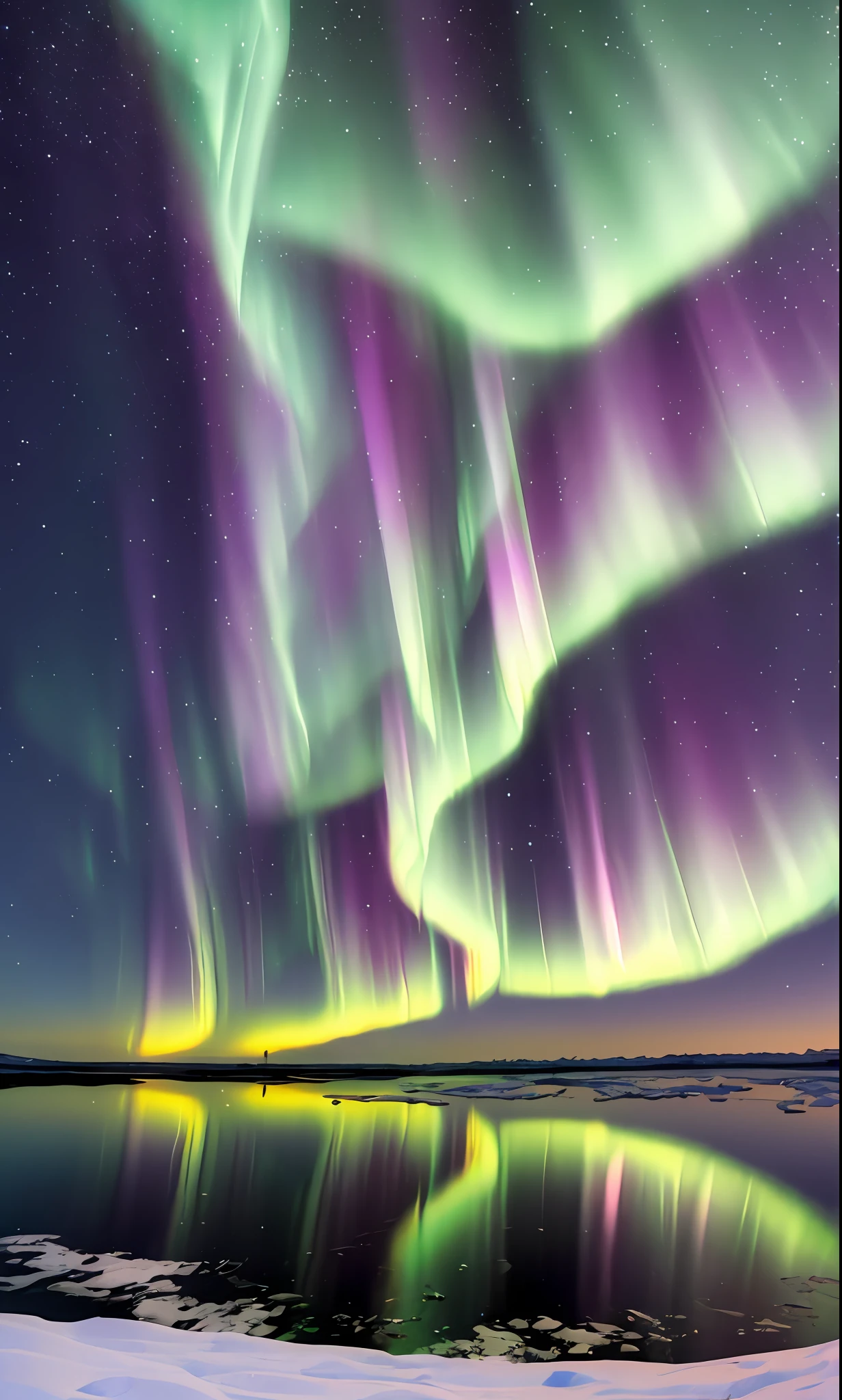 Aurora borealis reflected in the Arctic Ocean as seen from the North Pole --auto