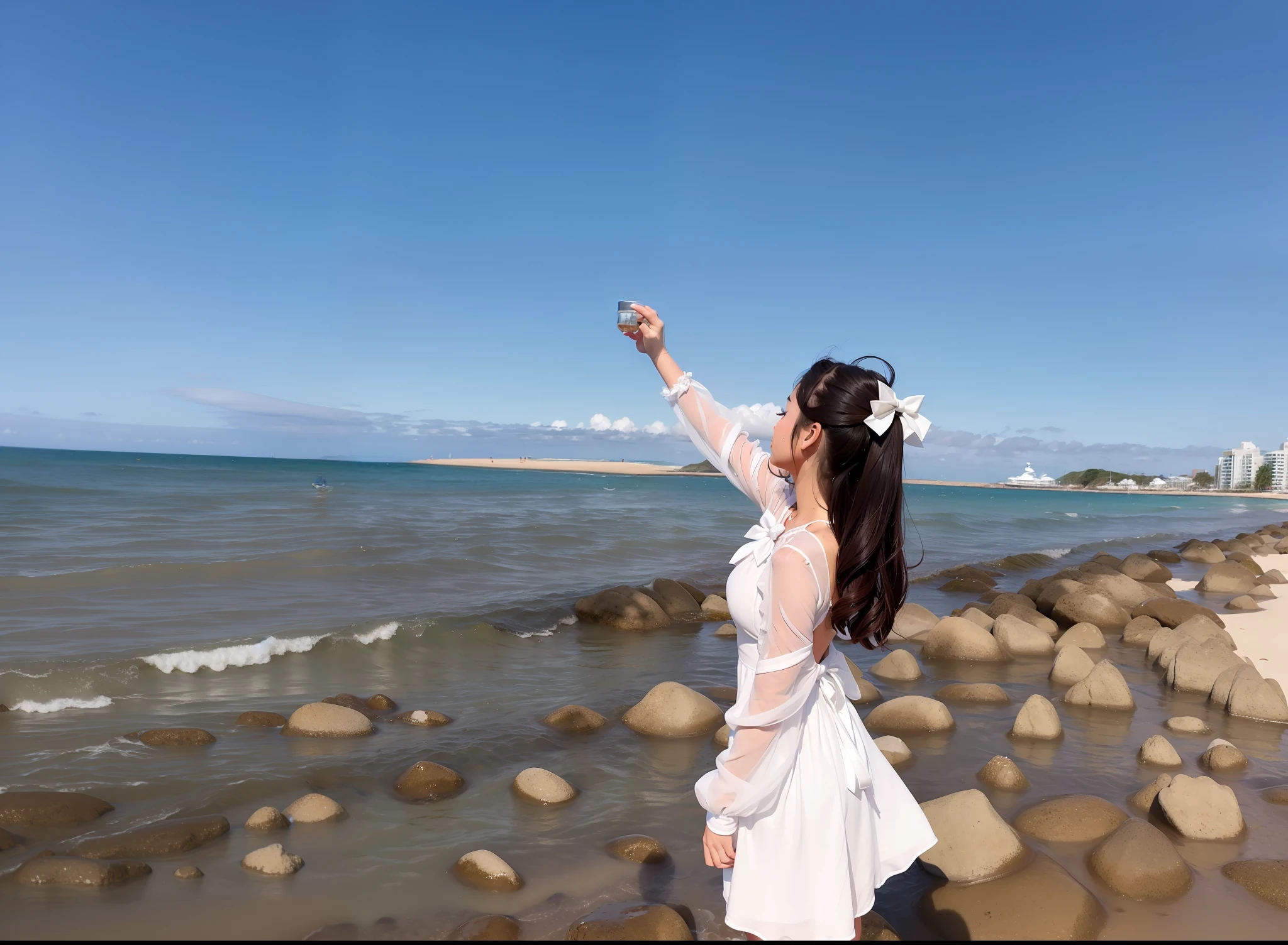 Woman in white dress,(Bow hair ornament:1.1),standing at the beach,Looking at the clear blue sky,White clouds,Blue waters,taken with canon eos 5 d mark iv, taken with a canon eos 5 d, taken with a canon eos 5d, sunny day with clear sky, taken with canon 8 0 d