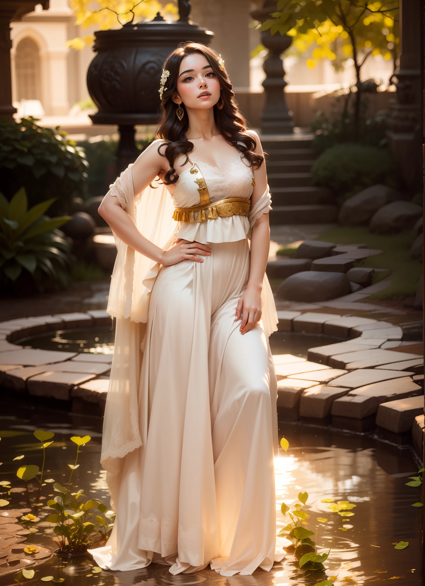 Change the background in to the rooman empire garden,shining sun light,lady wear the queen costume, looks very pretty,hair long,small water present in the background, original face of the lady with realistic with pretty,most hd