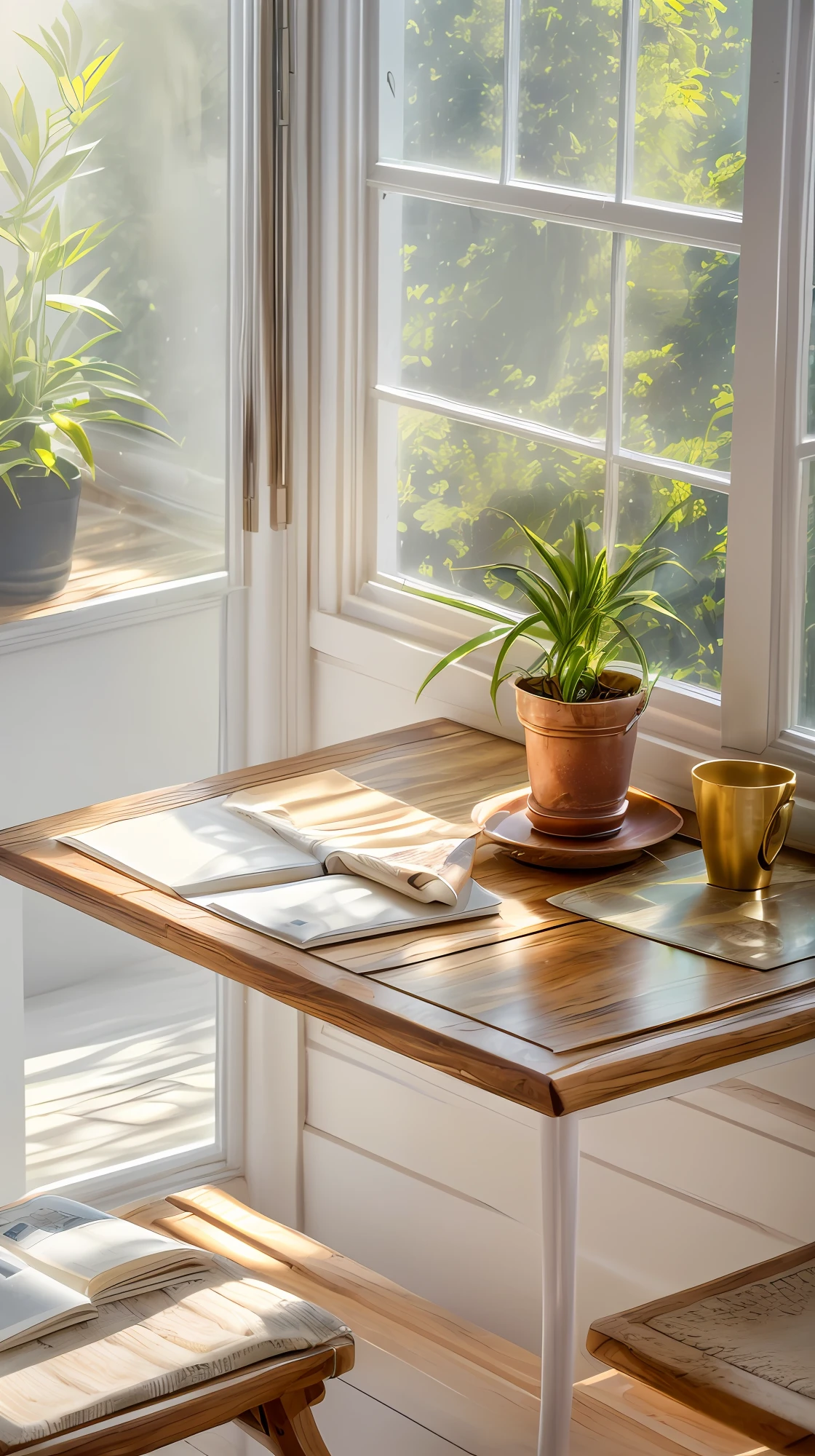 8K,Original photo of the interior scene,best qualtiy,tmasterpiece,rich details,A table,Close-up of the table,photograph realistic,Ultra photo realsisim,ultra - detailed,There were several books and a napkin on the table,deck chair,sub surface scattering,wooden floor,Sunny atmosphere, Wood color chair,sofe,glass window,floor to ceiling window, The table is placed diagonally next to the window,(Sunlight shining into the house outside the window),Close-up Shot Shot,rich details, summer morning light, with backdrop of natural light, afternoon sunlight, interior photograph, Sunny environment, afternoon lighting, Sunny morning,floor to ceiling window ,Realistic afternoon lighting, natural window lighting, Soft natural lighting, windowsill, with backdrop of natural light, summer morning light, morning lighting, Sunny atmosphere