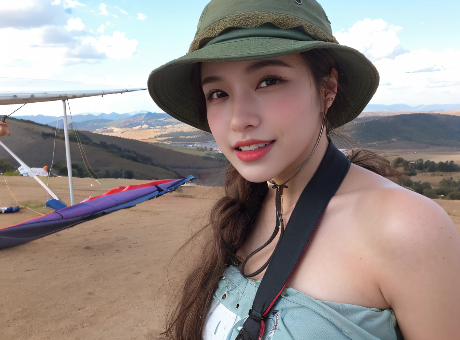 arafed woman in a hat and a green shirt standing in front of a small airplane, hanging from a hot air balloon, wearing a travel hat, with mountains in the background, around 20 yo, wearing adventure gear, wearing a chocker and cute hat, annie leibowit, profile shot, with mountains as background, with mountains in background