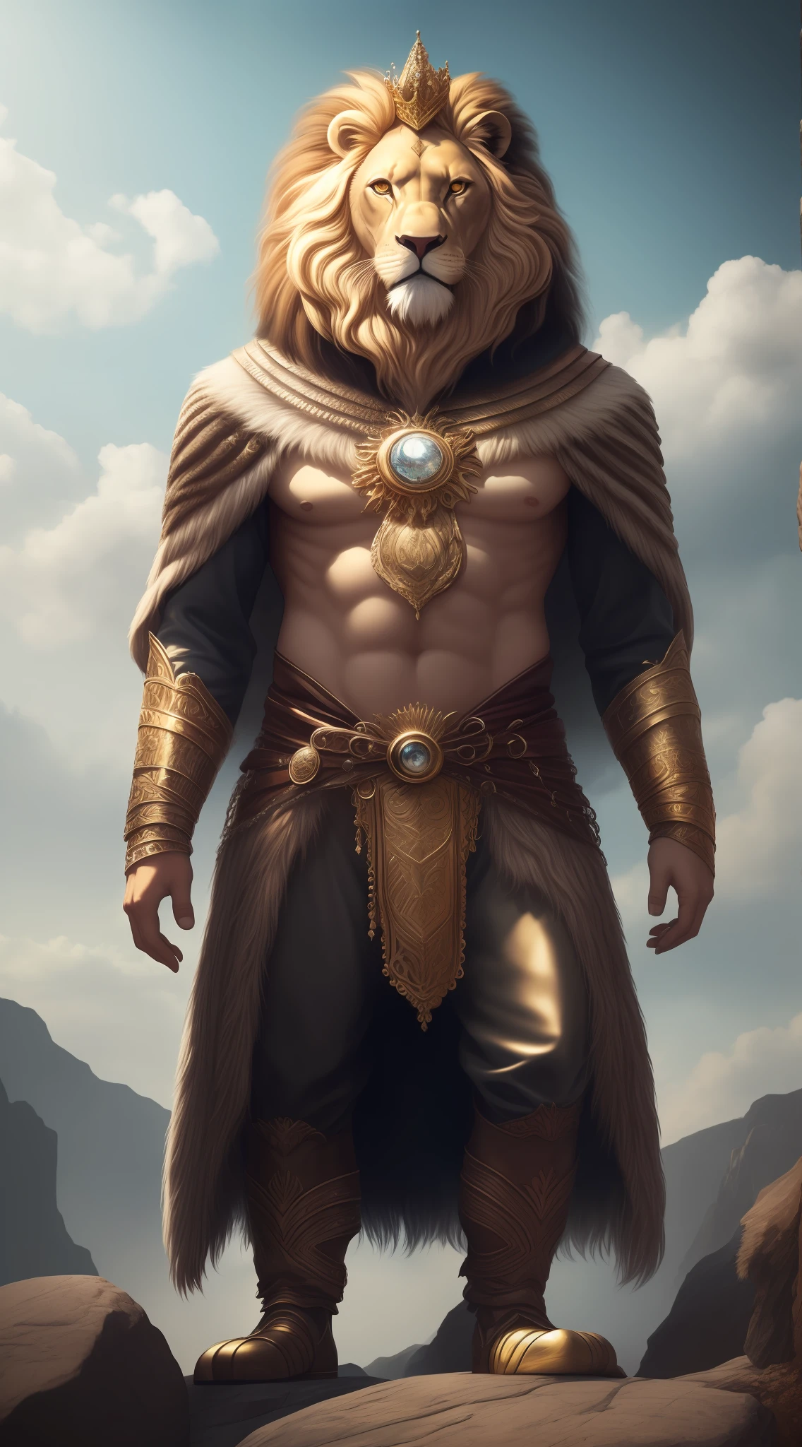 a detailed RAW photo of a Lord of the Rings-style humanoid lion, on the rock, standing, imposing pose, boby, (((all boby)))), with human features, ((clear and bright eyes giving the impression of magic)),photo taken from afar, white beard, white mane, marked skin, clothes with silver and gold details, and gold and diamond crown,   best quality, surreal texture, stunning quality, ultra realistic, symmetrical, flawless, ultra resolution, best aspect ratio, no zoom, realistic illustration --auto