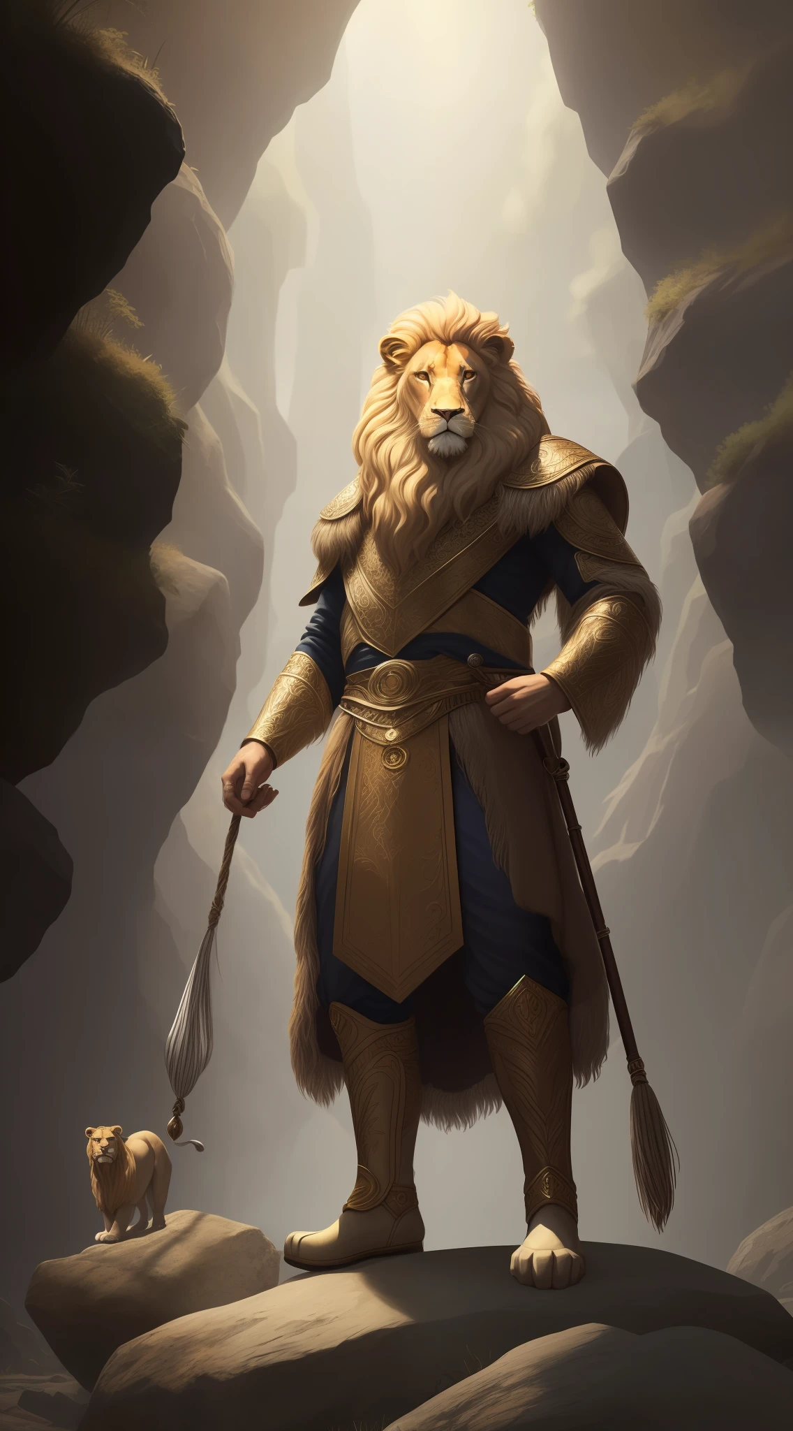 a detailed RAW photo of a Lord of the Rings-style humanoid lion, on the rock, standing, imposing pose, boby, (((all boby)))), with human features, ((clear and bright eyes giving the impression of magic)),photo taken from afar, white beard, white mane, marked skin, clothes with silver and gold details, and gold and diamond crown, best quality, surreal texture, stunning quality, ultra realistic, symmetrical, flawless, ultra resolution, best aspect ratio, no zoom, realistic illustration --auto