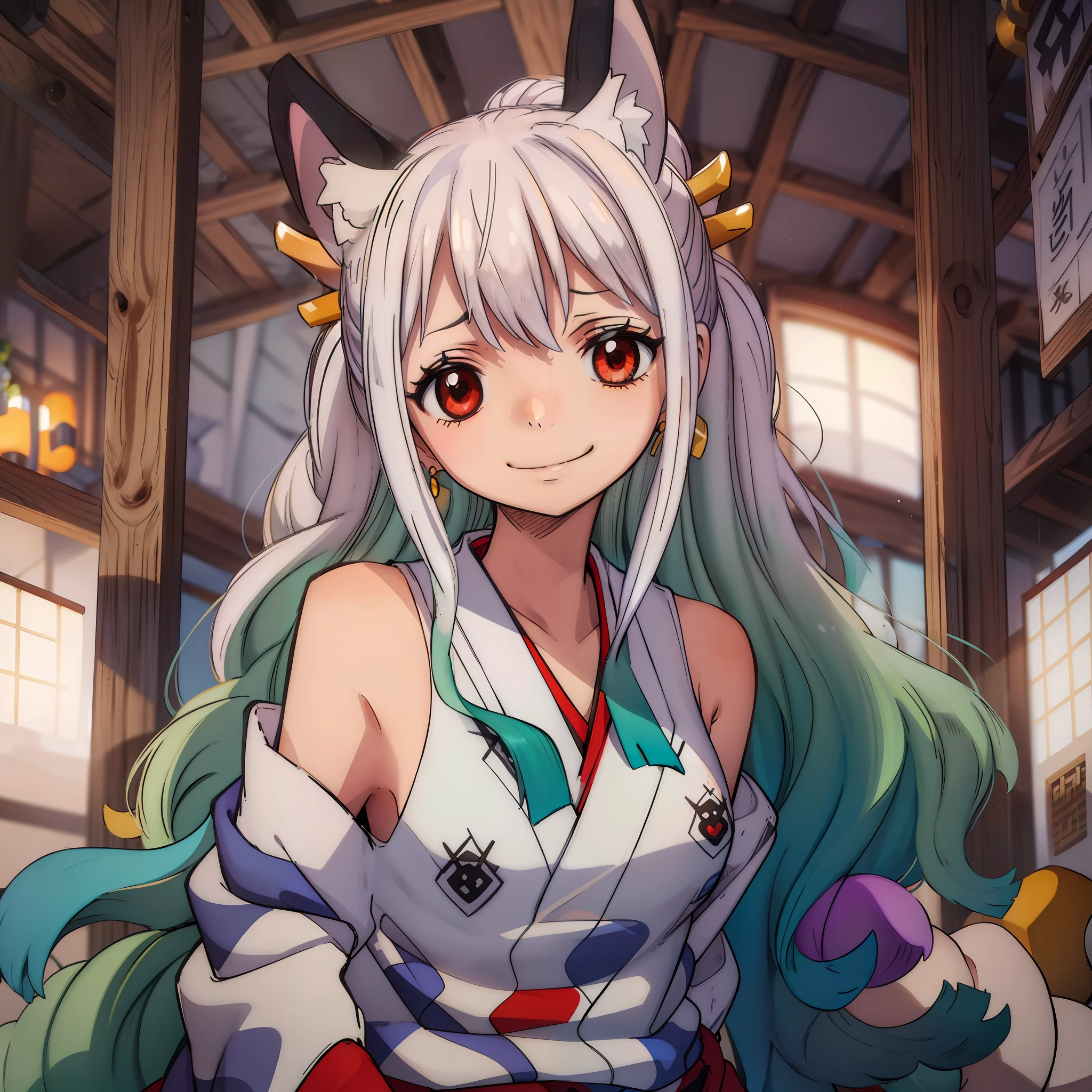 1girl in, Beautiful Yamato Portrait OP,, 独奏, Japanese_Clothes, Kimono, Bare_shoulders, Sleeveless, Sleeveless_Kimono, Shimenawa, up looking_で_viewer, Bare_missiles, v shaped_eyebrows, Hakama, Closed_Mouth, orange_Eyes, aqua_hair, Red_Eyes, two tone_hair, real  face, frowned, Skysky, Fighting_Stance, volume illumination, top-quality, ​masterpiece, intricate detailes, tonemapping, foco nítido, Hyper-detailing, Trending at ArtSt, Laugh、A smile