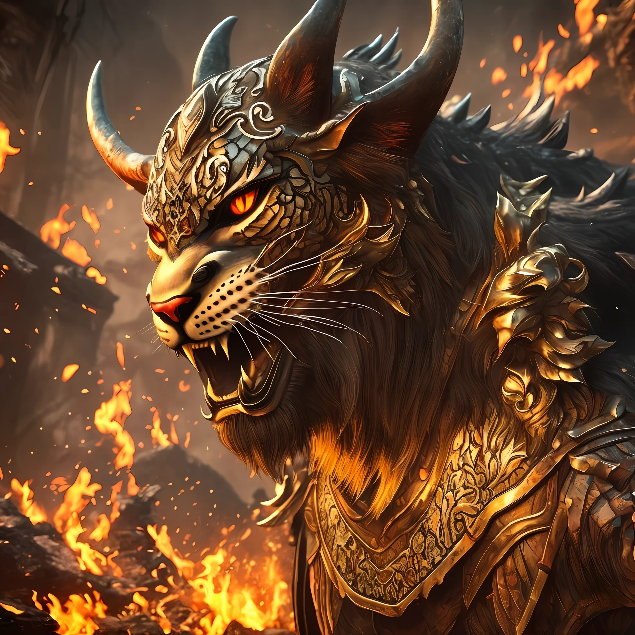 Chinese monster，Fierce，Felidae，Head long horns，Has five tails，It has a carapace，，ultra-realistic realism，Huge claws，Lurking crawling，Inky gold，Black Soul，Under the stars，above the mountains，Traditional Chinese culture ，Looks like a leopard，legends，Black gold，metalictexture，Fierce is a monster in ancient Chinese legends，There are wild beasts in Zhanggu Mountain，Its shape resembles that of a red panther，Five tails and one corner，Sounds like hitting a rock，。From《Mountain and Sea Sutra, West Mountain Sutra》，Artistically，Wallpapers，Deleite para la vista，sci-fy，fantasy，fantasy，Quaint，dark soul，Elden Law Ring，Bloodborne curse