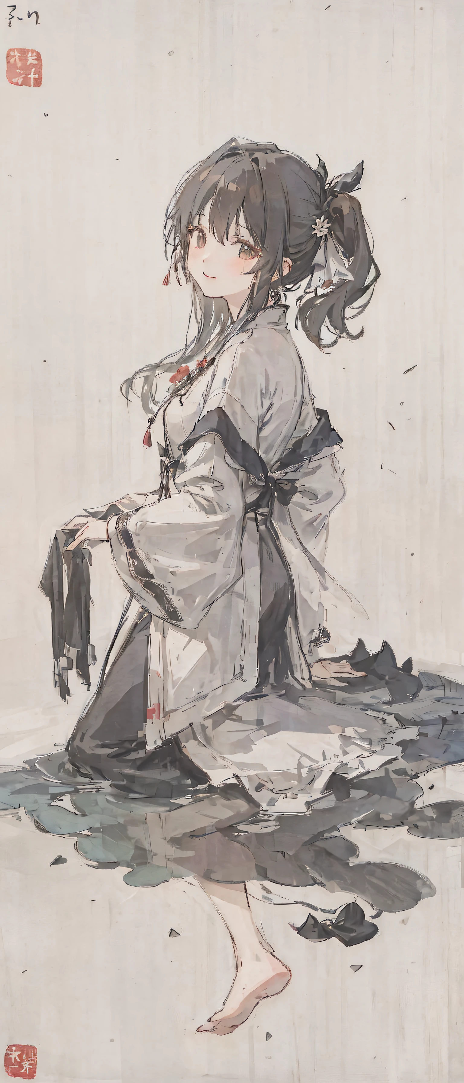 ((4k,masterpiece,best quality)), shuimobysim, traditional chinese ink painting, lotus,  hanfu, maxiskit, dress conservatively
1girl, solo, long blue hair, smile, standing, feet in the water, barefoot,