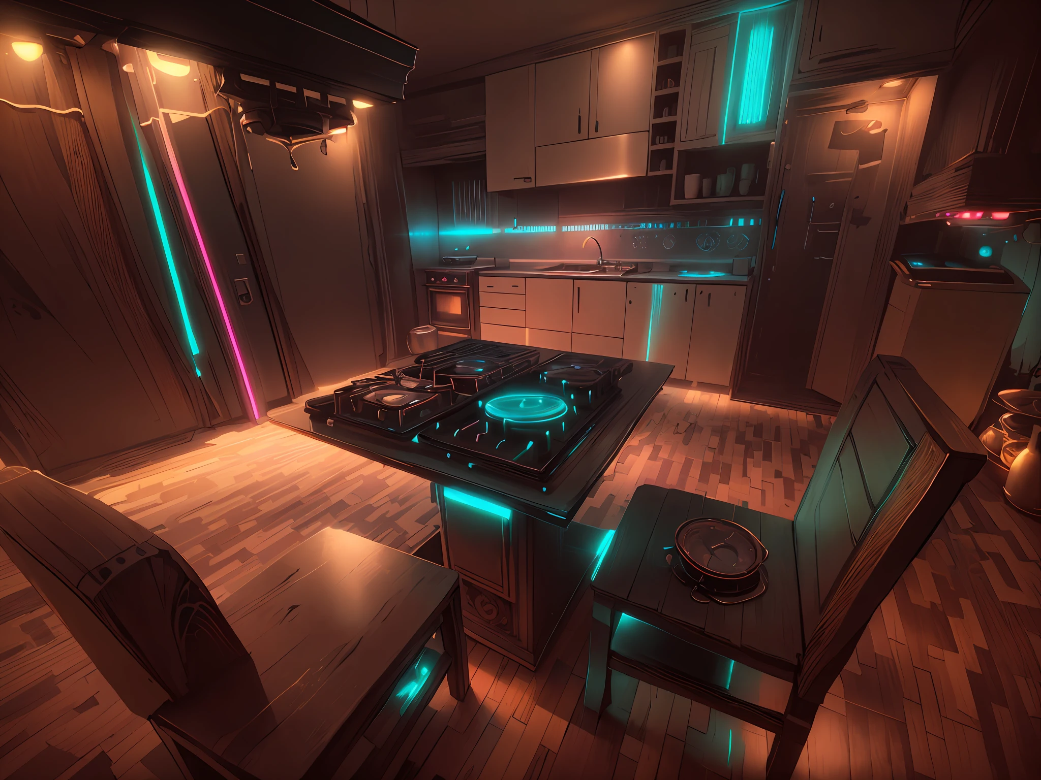 Cocina Steampunk con luces neon dorado y negro