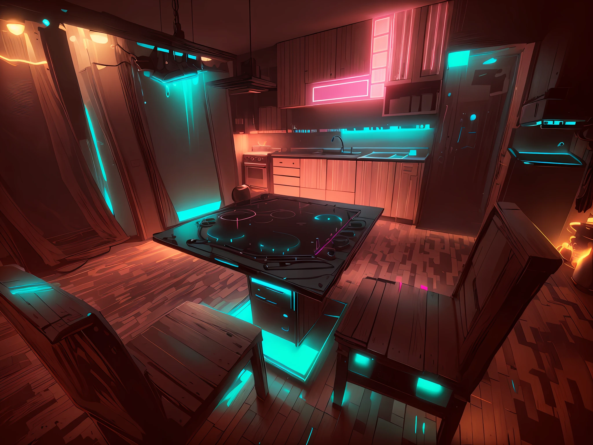 Cocina Steampunk con luces neon dorado y negro