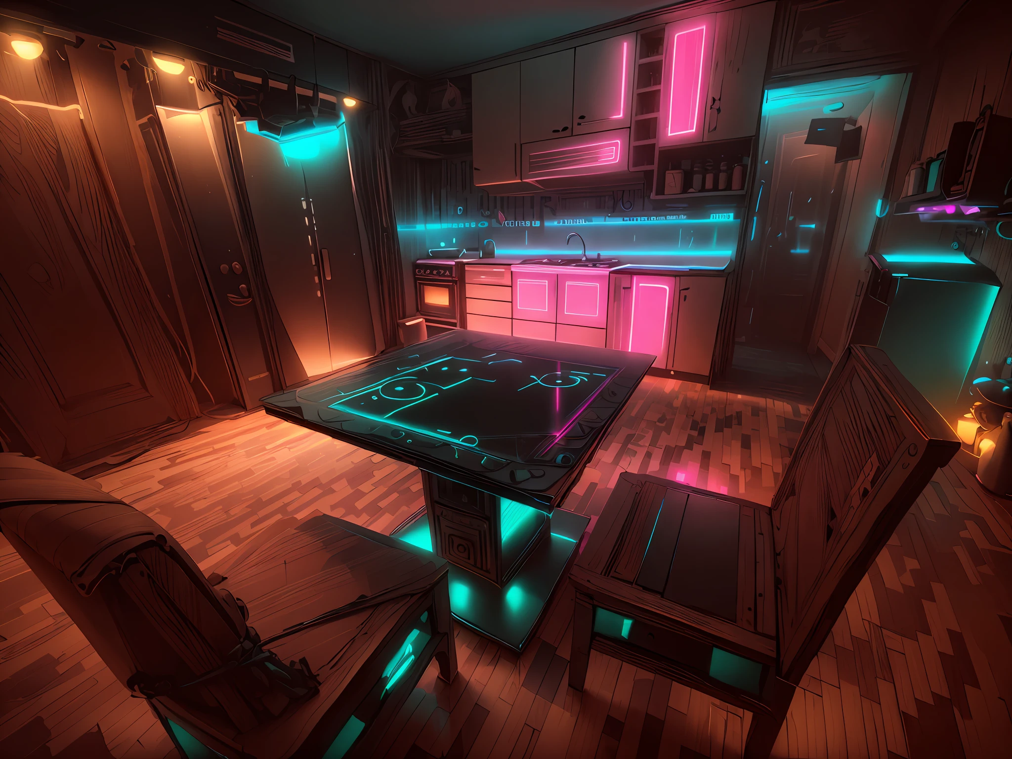 Cocina Steampunk con luces neon dorado y negro