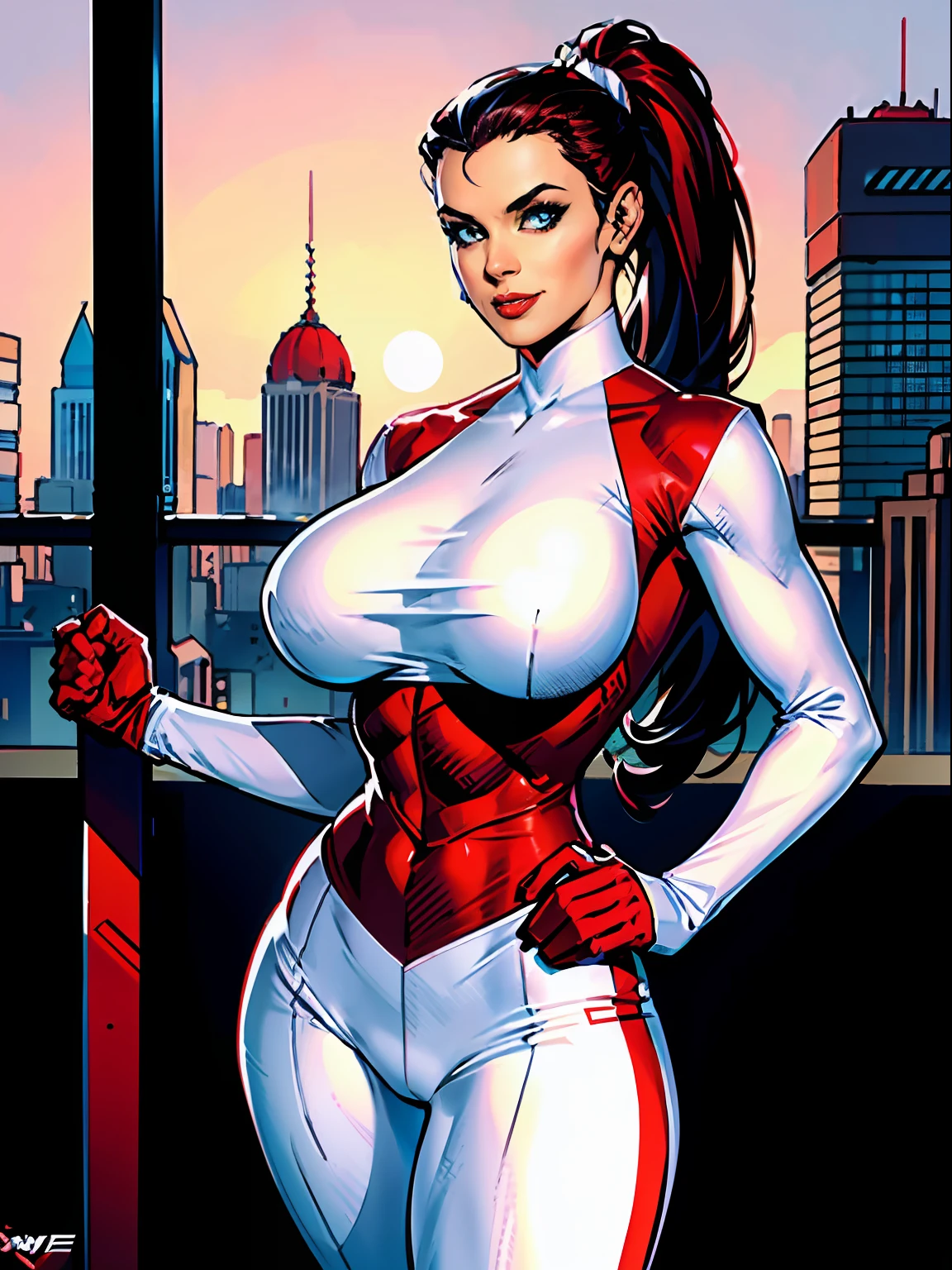 1girl, Stretcher the busty comic book woman, masterpiece, beautiful, high quality, high definition, superb quality, highly detailed, insane detail, sexy pose, posing for cameras, hands on hips, happy, smiling, stretching, hand on hip, long hair, huge ponytail, slim, thin, athletic, womanly, rubbery, elastic woman, (white and red spandex, white and red legs, tight top), rubber body, brunette, ((huge breasts, slim waist)), city, heroic, cheerful, (bold nose, hawkish facial features),