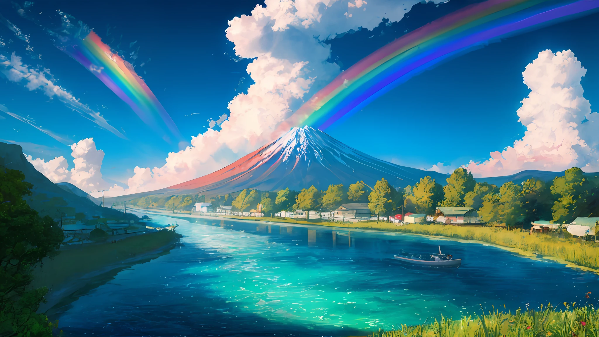 concept-art, No Man, scenery, water, A huge rainbow in the center, sky, day, tree, Cloud, waterfallr, Outdoors, Building, Nature, River, Blue sky, Monet, En plein air, Fuji colors, Wide shot, Atmospheric perspective, hyper HD, Masterpiece, ccurate, Super detail, High details, High quality, Best quality