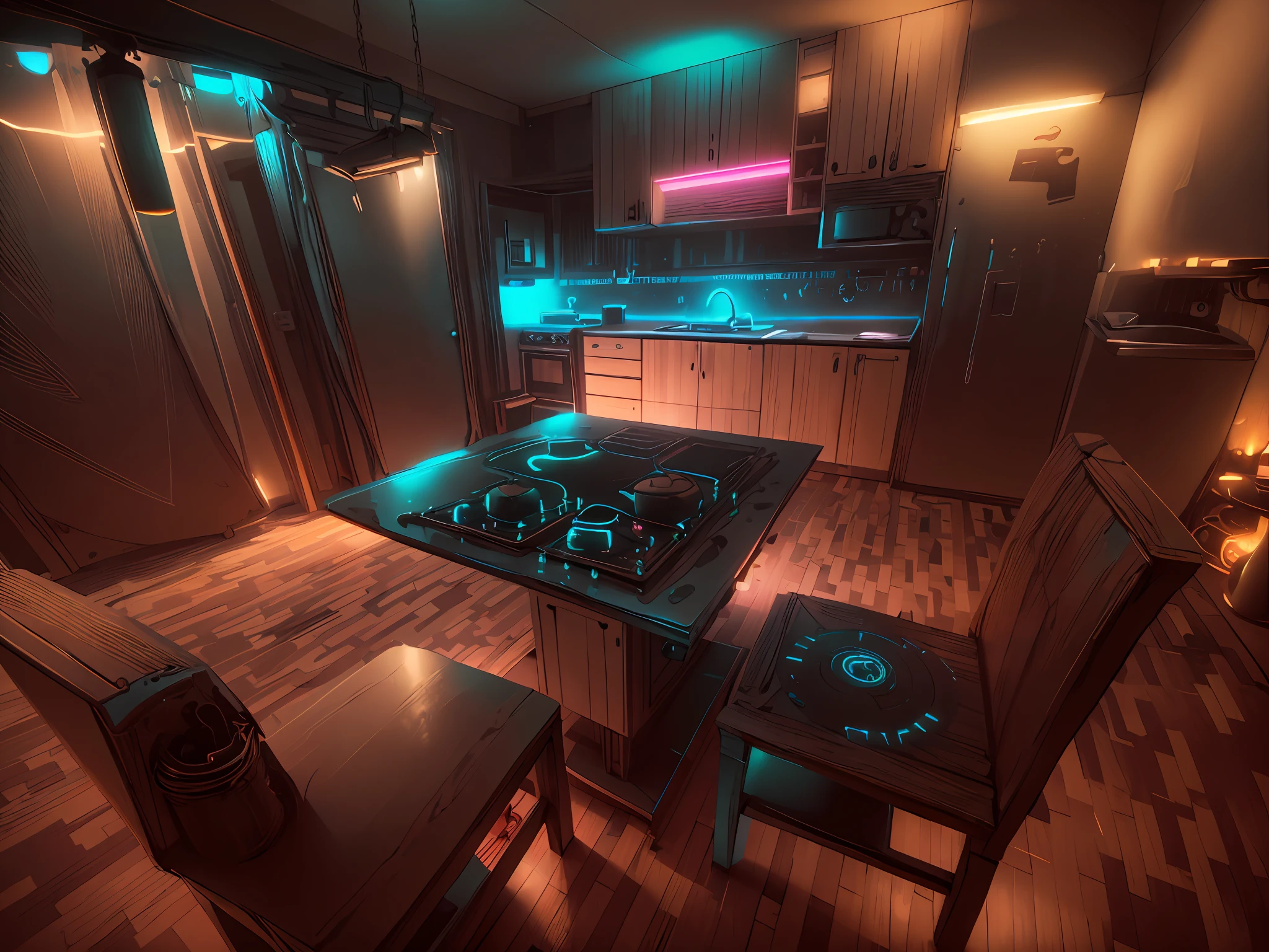 Cocina Steampunk con luces neon dorado y negro