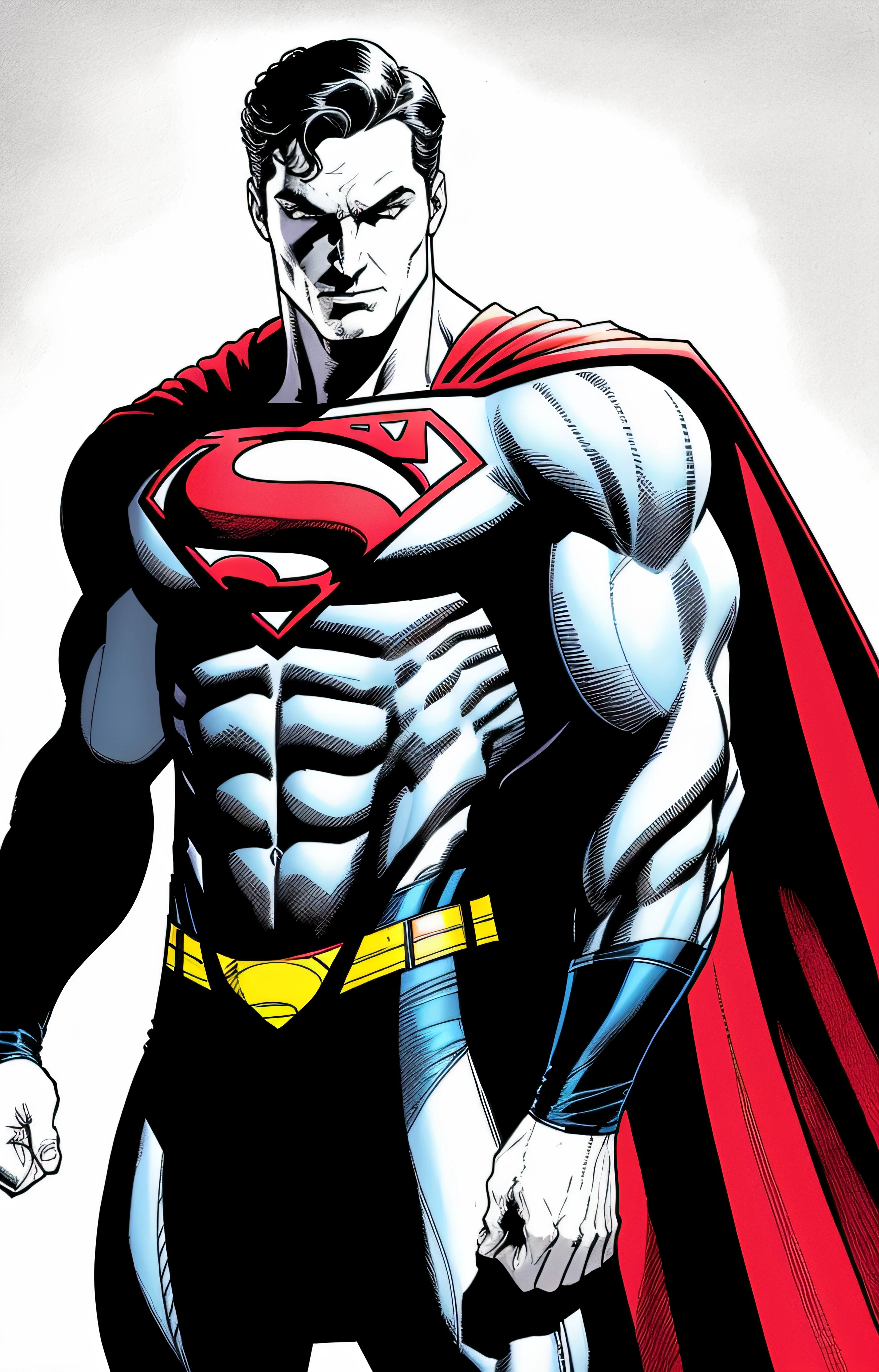 A drawing of a superman standing with his hands on his hips, desenho de quadrinhos, Estilo de Arte DC Comics, inspirado em Ryan Stegman, Ethan van Sciver, tinta extremamente fina lineart, estilo de arte em quadrinhos, pose do super-homem, inspirado em Jim Lee, Directed by: Ryan Stegman, Super-homem, jason fabok. Greg GramPos, arte de quadrinhos de alto detalhe, Tintas de quadrinhos