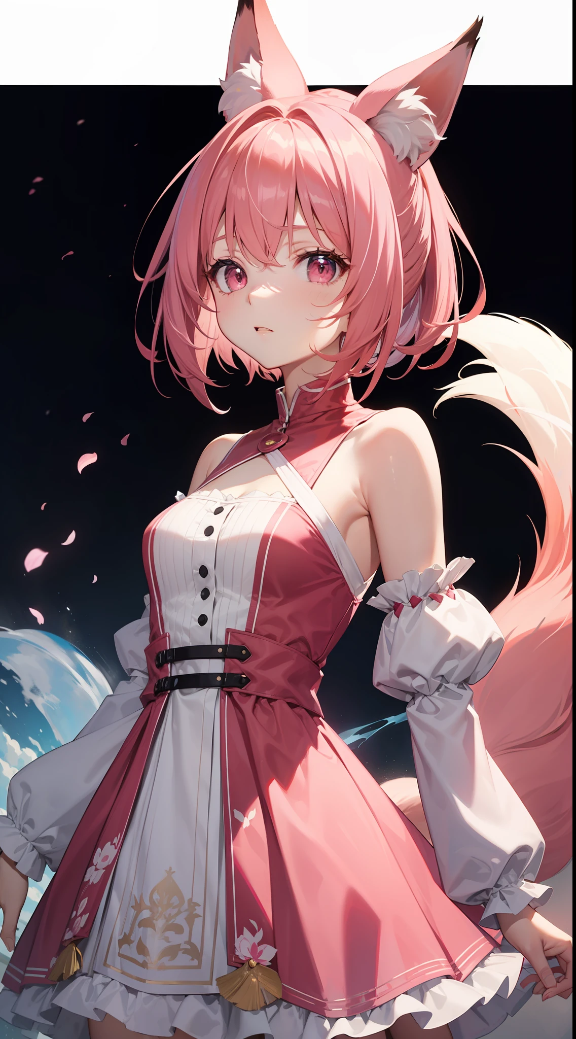 Tall girl, short pink hair, high ponytail, Fox ears, pink eyes, Fox tails, light dress, open shoulders, Masterpiece, hiquality