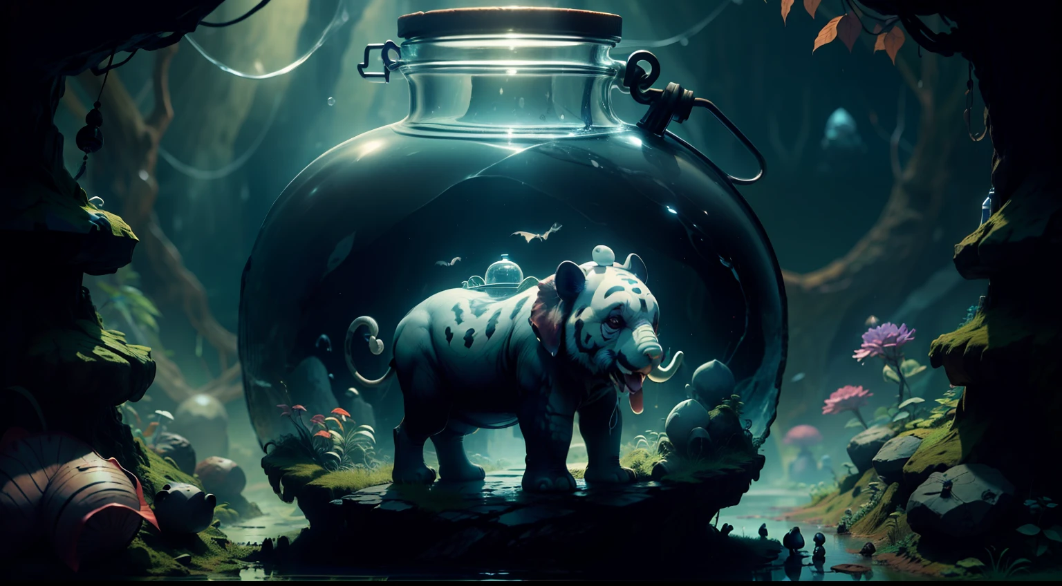 elephant, panda, tiger, bird, Cat's Yokai，There was a very scared expression on his face，Inside a huge bottle，Inside the Yokai Cave，All around is stone，Dripping water，There are bats，Very eerie，no light，It's kind of scary，Very detailed，k hd，4K