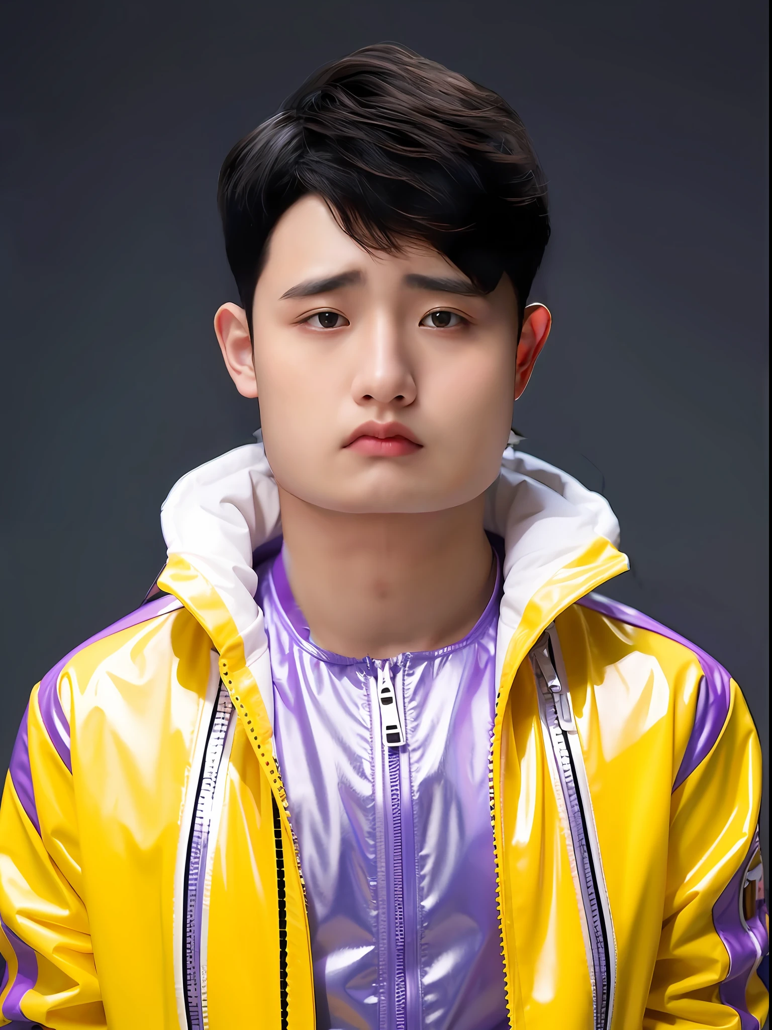 A Chinese male high school student,Wearing a PVC purple motorcycle suit,There are zippers