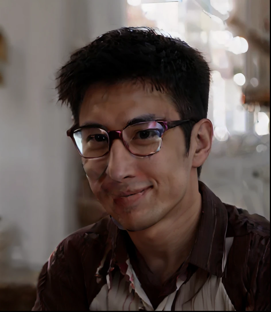 There was a man with glasses smiling，Wearing a red and white shirt, a slight book smile, cute slightly nerdy smile, --auto