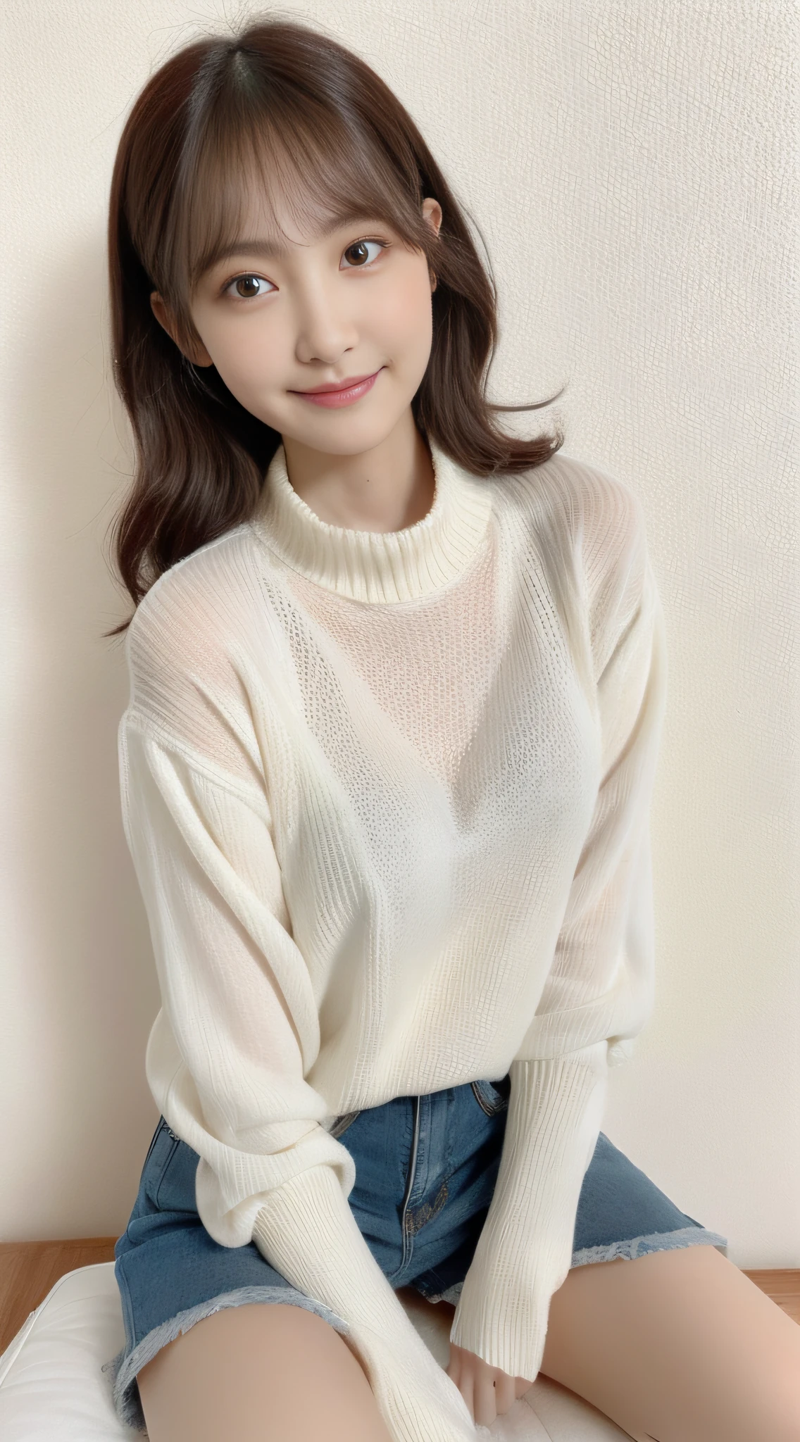 1girll，high detal，超高分辨率，Delicate facial features，Watery eyes，long eyelasher，long whitr hair，shairband，Collar，Sweaters，Facing the viewer，Beautiful girl style，medium boob，Skinny short-sleeved sweater，denim short，black lence stockings，and the sun was shining brightly，background pastel。