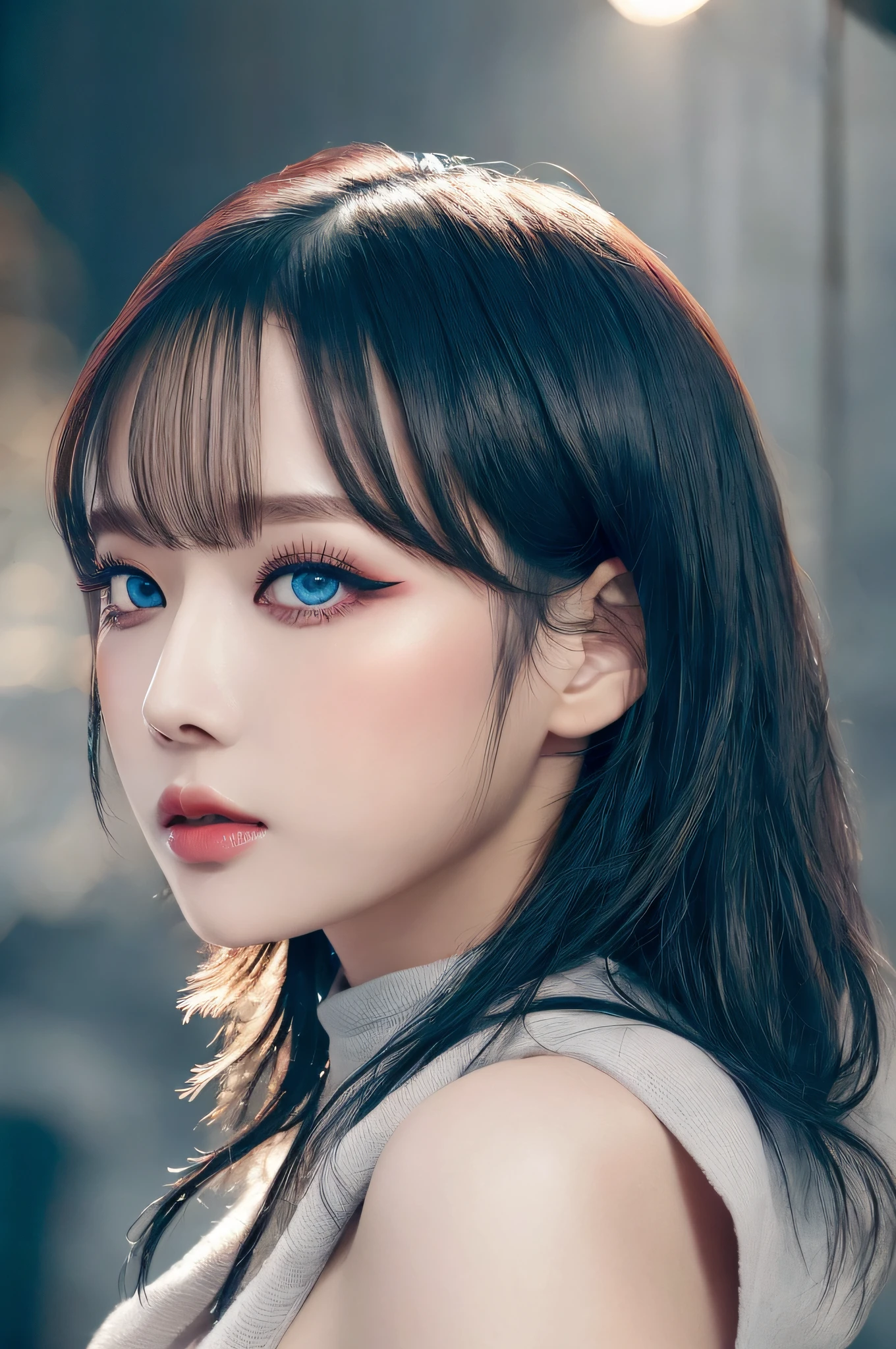 a stunning photograph of gorgeous woman, Color film photograph, 8k, raw photo, (film grain:1.0), (floating dust particle:1.2), award winning photo, 50mm, on focus, spotlight, rim light, in the dark, dimly lit, low key, deep shadow, looking at viewer, (highly detailed skin:1.2), thin body, shoft hair, black hair, sharp eyes, (forest), from side, eyelashes, half body crop, makeup, eyeliner, eyeshadow, blue eyes, mole under eye