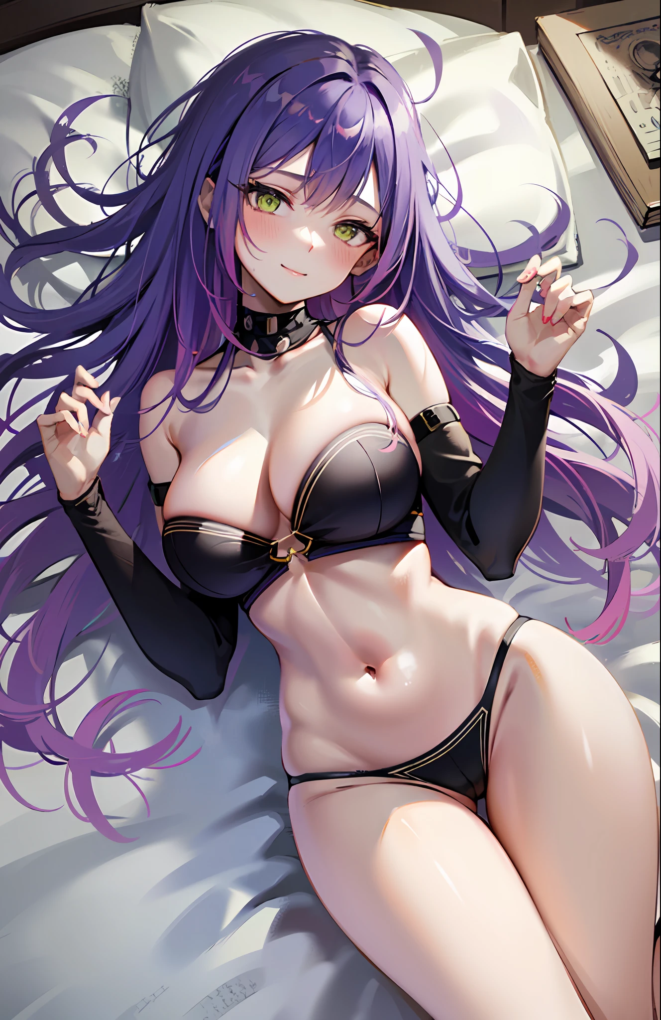 The still shows Tokoyami Towa lying on a bed facing the audience, with long purple hair and bright eyes. Tokoyami Towa's skin is wet due to the water flowing all over her body and her purple underwear is wet and sticks to her skin. Her thighs are bared, and she squeezes her huge breasts with both of her hands, while shyly looking towards the audience with a seductive smile. The image is highly detailed and lifelike, with impressive lighting effects and details that make it feel like Tokoyami Towa is right there. The image shows the sun shining in the background, creating a warm and sensual atmosphere. In addition, Tokoyami Towa has small pink bumps on her chest, which accentuates her sexiness. The image is a stunning and super-detailed work of art, with stunning lighting effects and details that make it feel like Tokoyami Towa is right there. The image is a highly detailed work of art that captures the beauty and charm of Tokoyami Towa, with a perspective that highlights her curves and beauty.