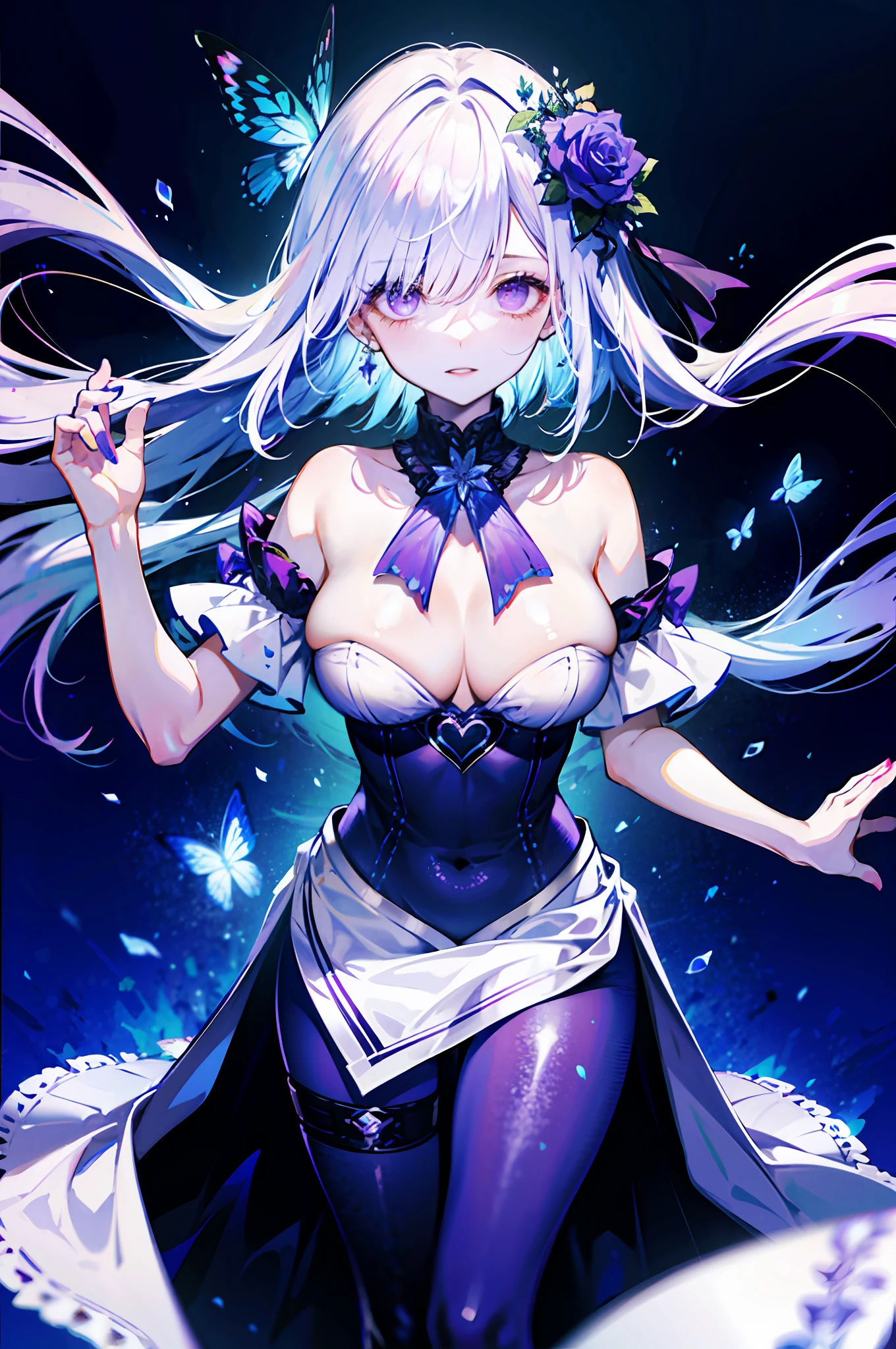 silber hair,butterflys,long whitr hair,8k wallpaper,detailedbackground,Highest high resolution,deep v big breasts,Hair covers one eye,Bandeau,chies,Purple roses,tight-fitting,