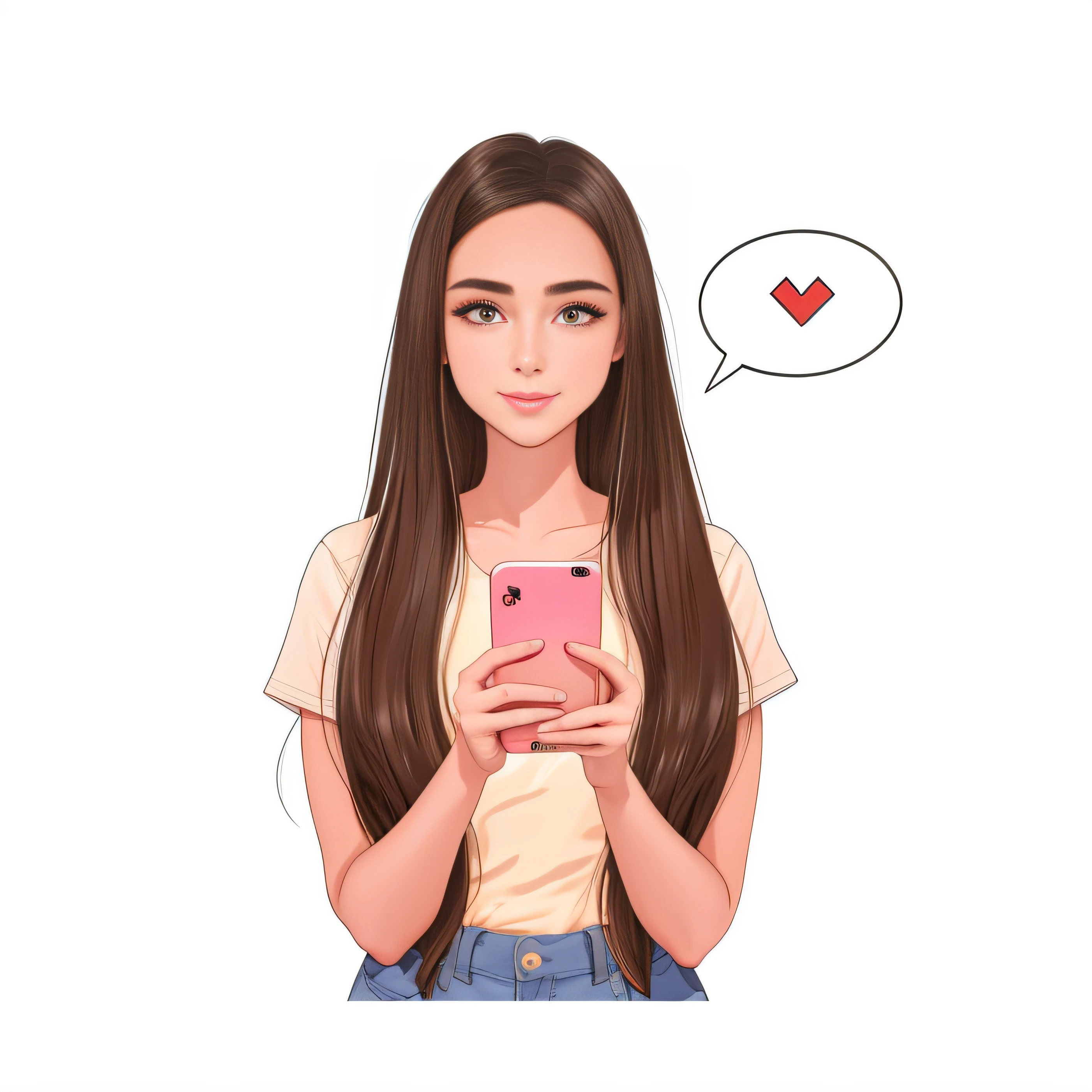 dos desenhos animados com cabelo castanho longo segurando um telefone celular, she is holding a smartphone, Cartoon style illustration, verificando seu telefone, meninaonada, mulher bonito, menina jovemito, menina bonito, cutstration, menina com cabelo castanrificando o celular dela, sem texto, Menina anime com cabelo longo,a, menina fazendo um telefonema, uma jofa