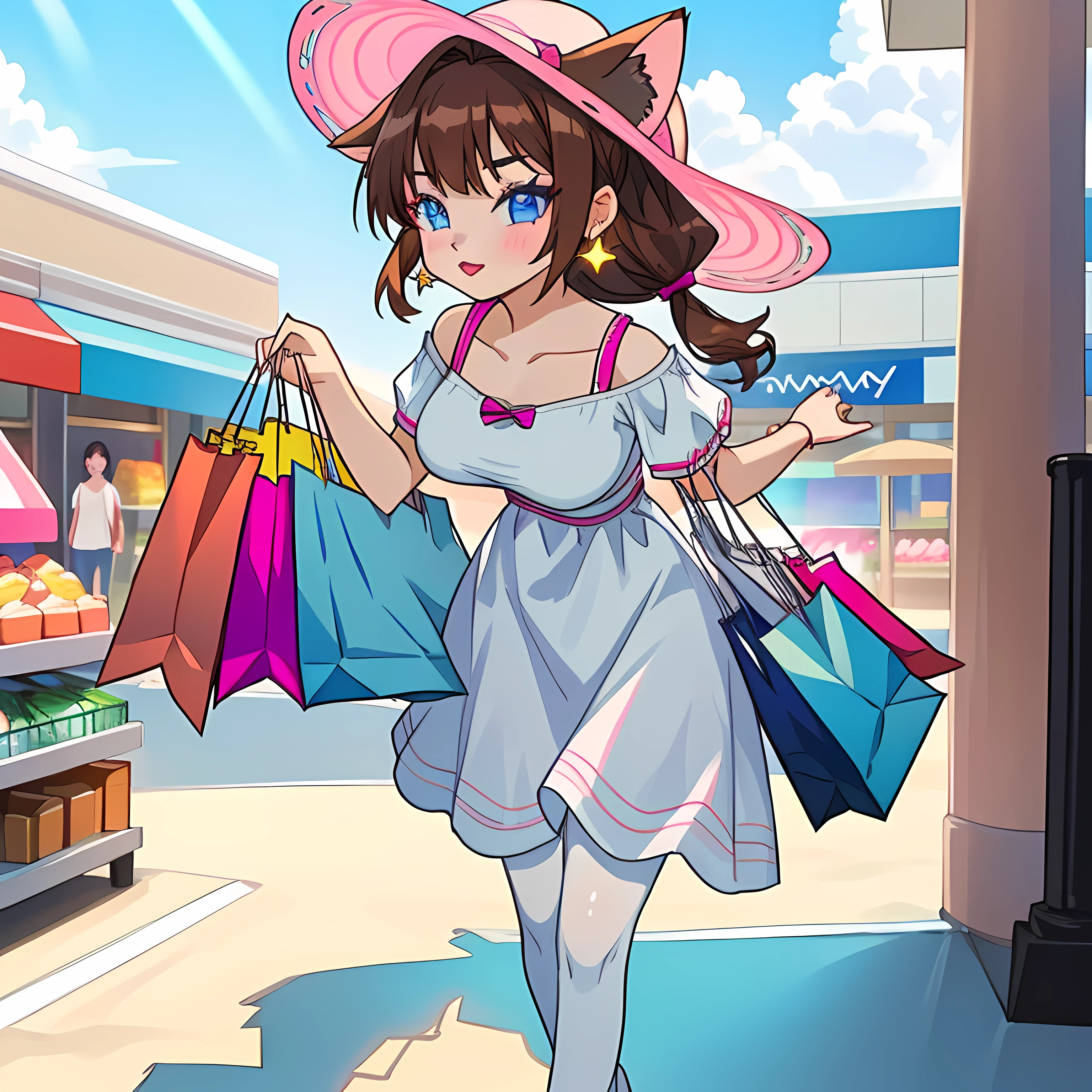 (Highly Detailed CG Unity 8k Wallpaper), (Top Quality), (Super Detail), (Best Illustration), (Best Shadow), POV, Realistic Lighting and Shading, Natural Light, Lens Flare Effect, BREAK, 1 beautiful girl, solo, (Cute: 1.5), (Chibi: 0. 8), (Kawaii: 1.5), (: 0. 5), BREAK, ((17 year old girl), very detailed, colorful, best detail, BREAK, (big tits: 1. 2,), clear skin, beautiful skin, shy, 1 beautiful girl, brown hair, (cat ears, pony tail, medium long hair: 1. 2), (light blue eyes, long eyelashes, double eyelids: 1.2), solo, glowing skin, BREAK, (casual beachwear: 1.2), (light summer dress: 1.2), (white straw hat: 1.0), (stylish pumps for date night: 1. 0), (star-shaped earrings: 1.1), (black pantyhose: 1.0), (cute accessories: 1.3) BREAK, (light pink eye shadow, blush, cute lipstick:1.3), (busy shopping mall, shopping date, arm in arm with boyfriend:1.2), BREAK,🌇,