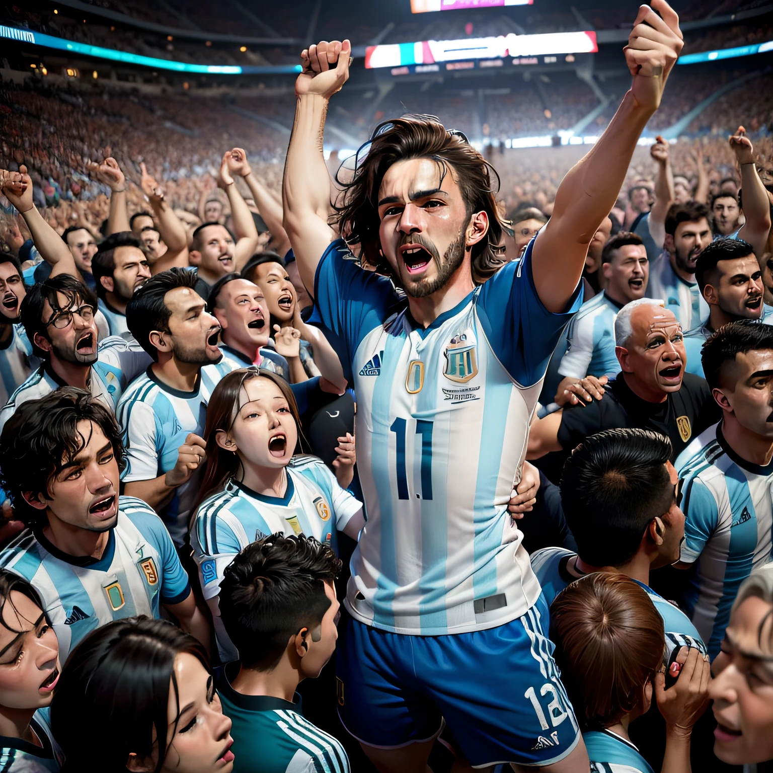 multitud gritando , bailando, festejando y levantando las mano, caos, remeras de seleccion argentina de futbol, 20 personas en primer plano mirando a camara,