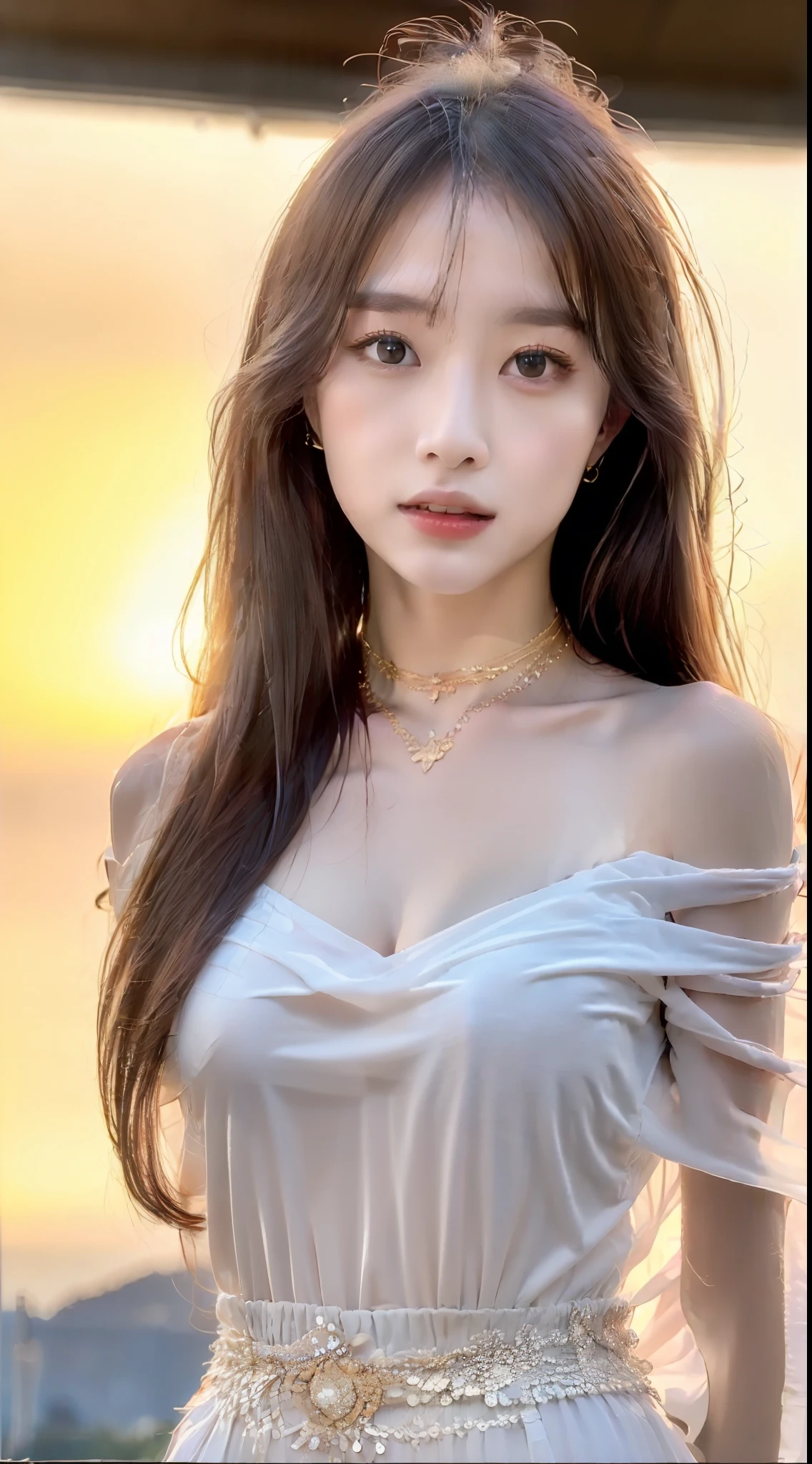 (Best quality, 8k, 32k, Masterpiece, UHD:1.2),Photo of Pretty Japanese woman, 1girl, (medium-short dark brown hair), double eyelid, fashion model, beautiful legs, unique maxi very wet white dress with slit, off-shoulder, gold belt, choker, stand tall, runway, huge stage, Paris Collection, nsfw, full body, see through,,