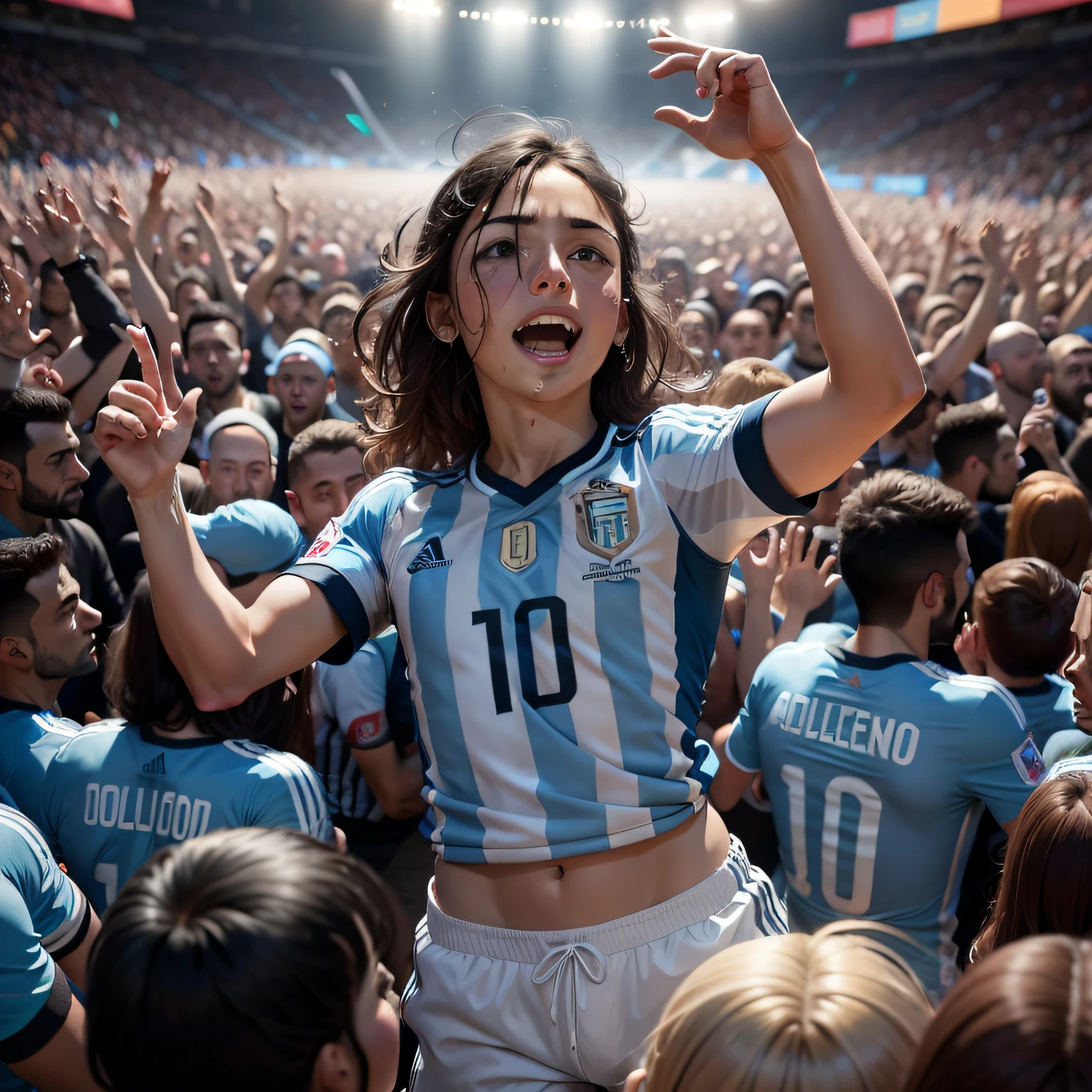 multitud gritando , bailando, festejando y levantando las mano, caos, remeras de seleccion argentina de futbol, 20 personas en primer plano mirando a camara,