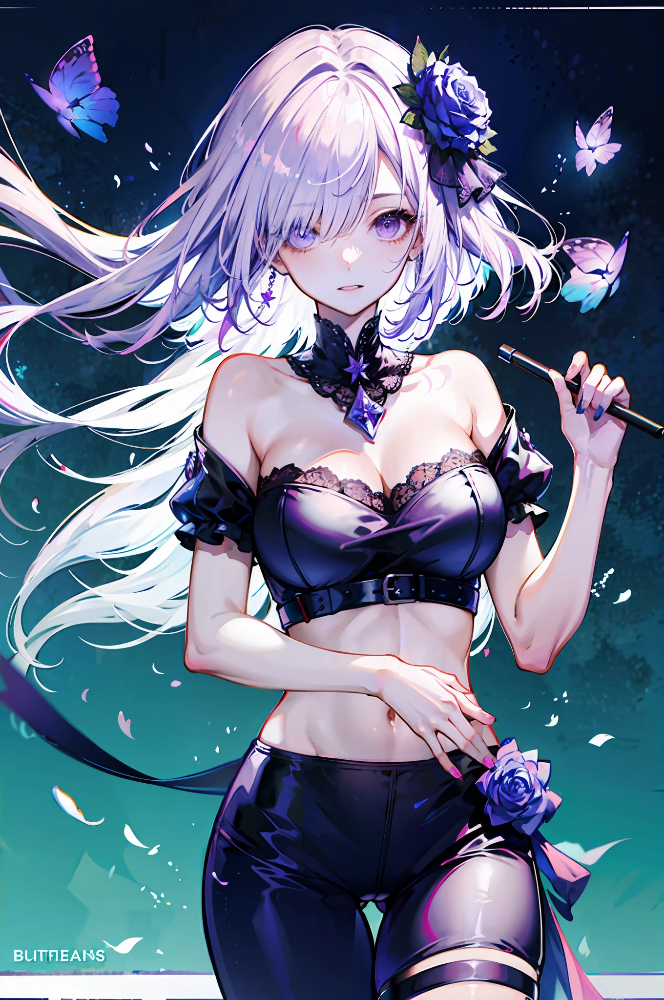 silber hair，butterflys，long whitr hair，8k wallpaper，detailedbackground，Highest high resolution，deep v big breasts，Hair covers one eye，Bandeau，chies，Purple roses，tight-fitting，