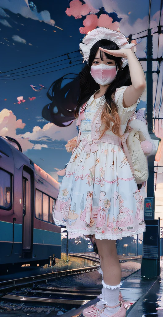 Anime train crossing tracks in sky background,Beautiful and harmonious scene,Exquisite animations,detail-rich(The width is 672),high qulity,Clarity 4K,Artistic 4k wallpaper,Beautiful anime scenery,8K art wallpaper